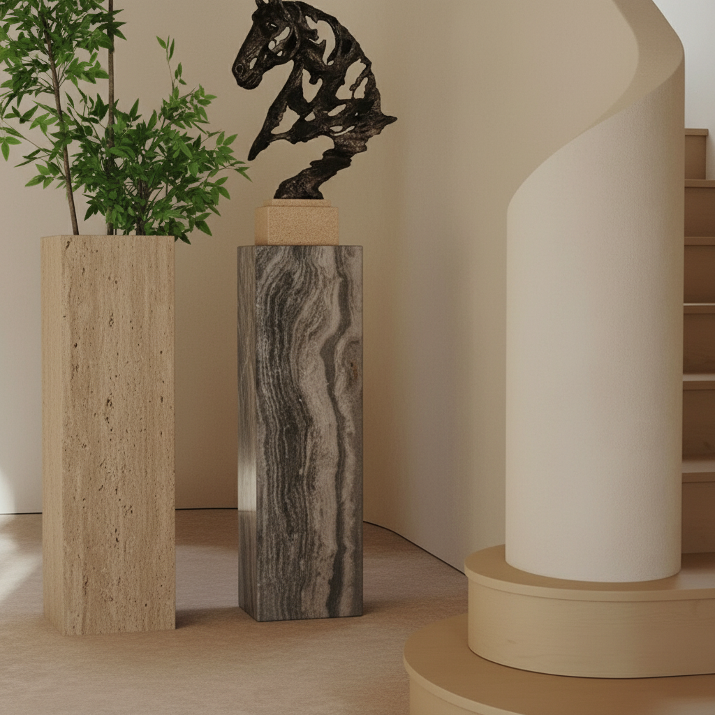 Brown marble stand and planter box by BEACON, artistic artwork stand featuring a sleek, modern design and sturdy construction.