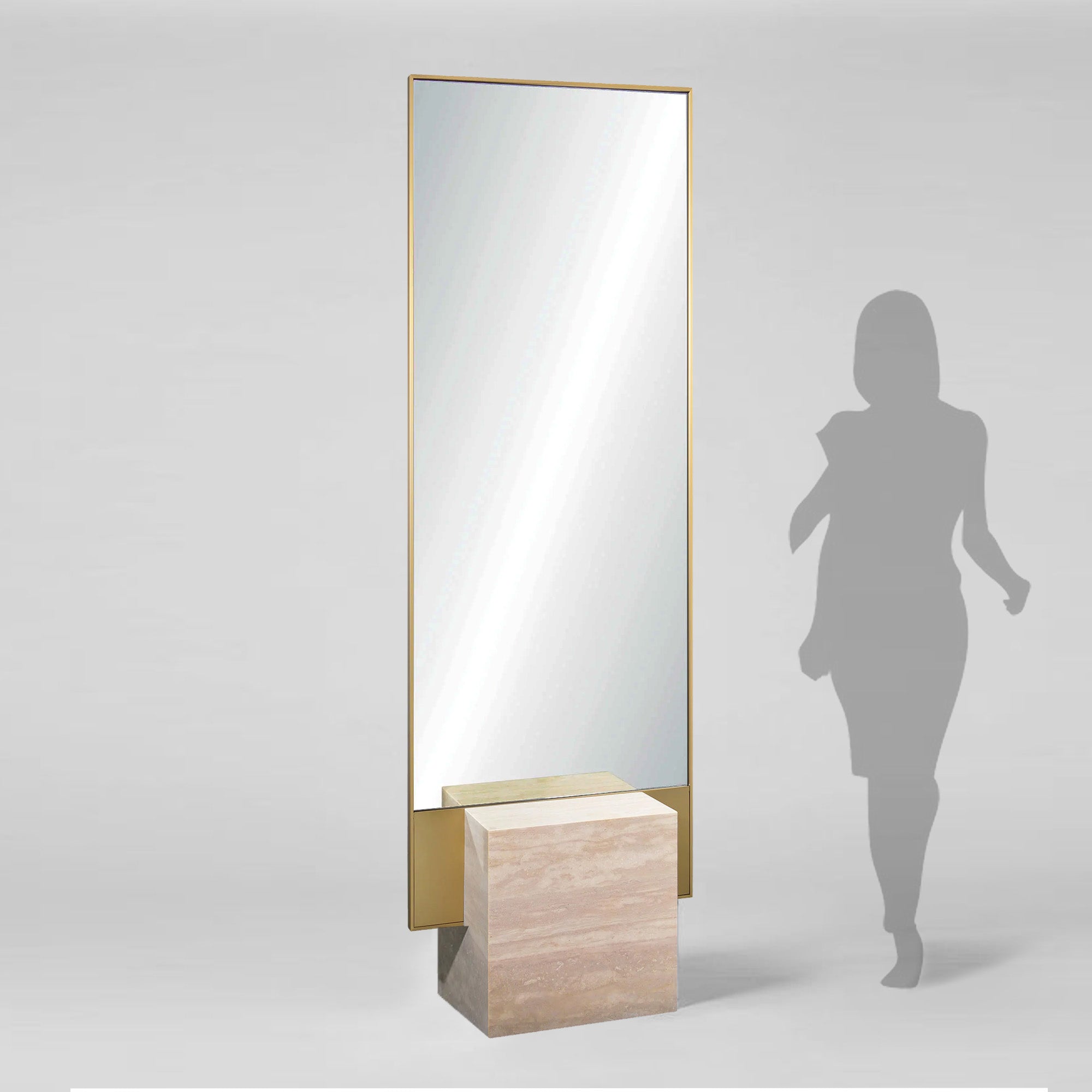 Travertine Base With Brushed Gold Frame Floor Mirror OA-9358-G -  Mirrors | قاعدة من الحجر الجيري مع مرآة أرضية بإطار ذهبي مصقول - ebarza Furniture UAE | Shop Modern Furniture in Abu Dhabi & Dubai - مفروشات ايبازرا في الامارات | تسوق اثاث عصري وديكورات مميزة في دبي وابوظبي