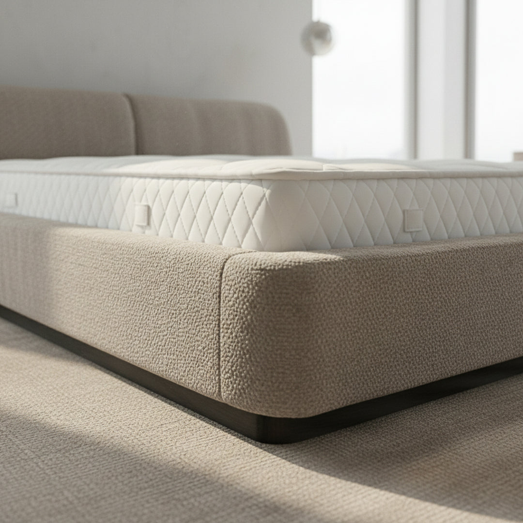 ECOLE LIVING Marmo bedstead with a sleek, modern design, featuring a wooden frame and a minimalist style for contemporary bedrooms.
