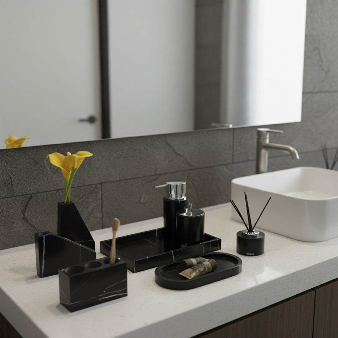 Marquina black and white checkered marble toothbrush holder from BEACON bathroom accessories, stylish and durable for bathroom decor.