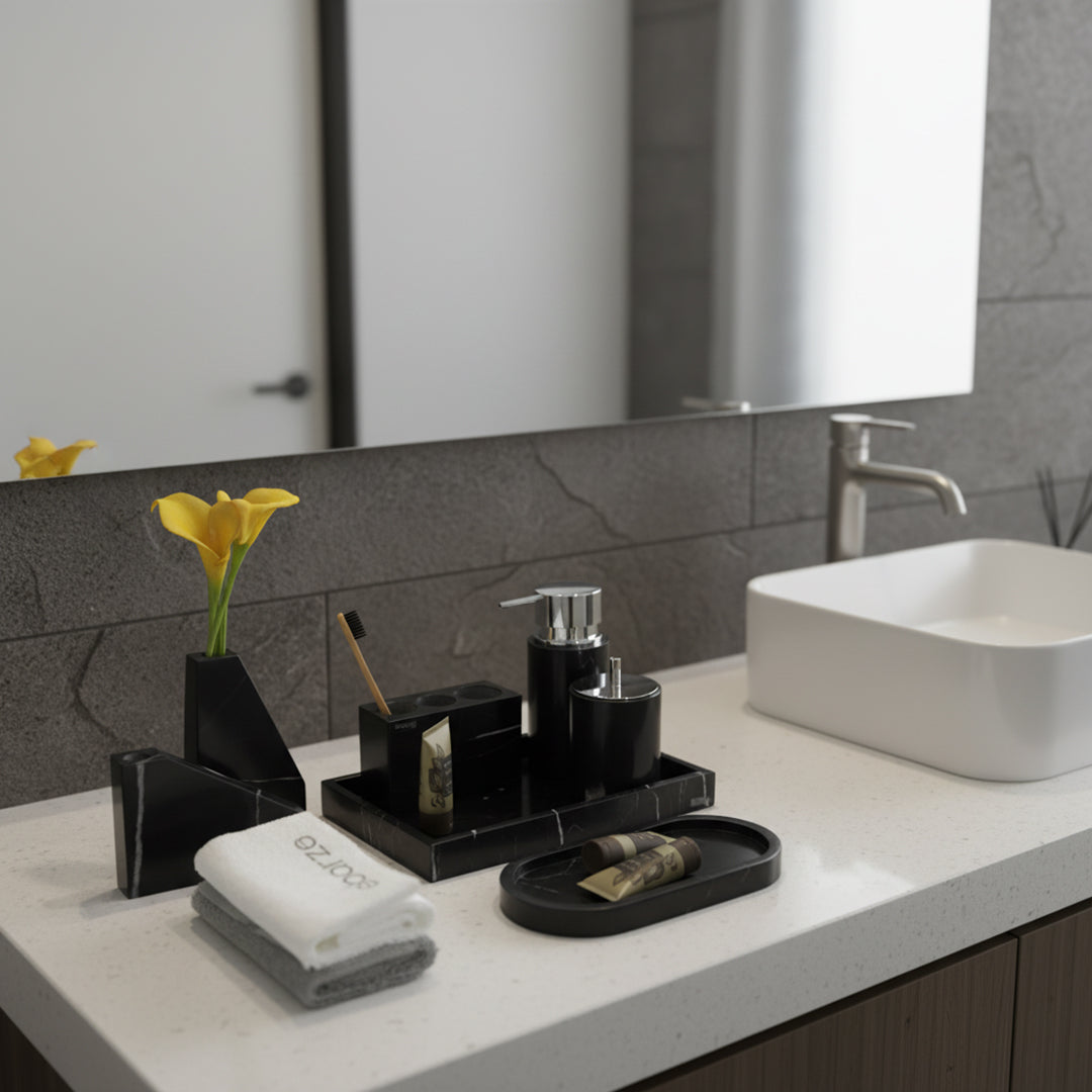 Marquina black and white foot marble trapezoidal vase with flower arrangement in short style, designed by BEACON.