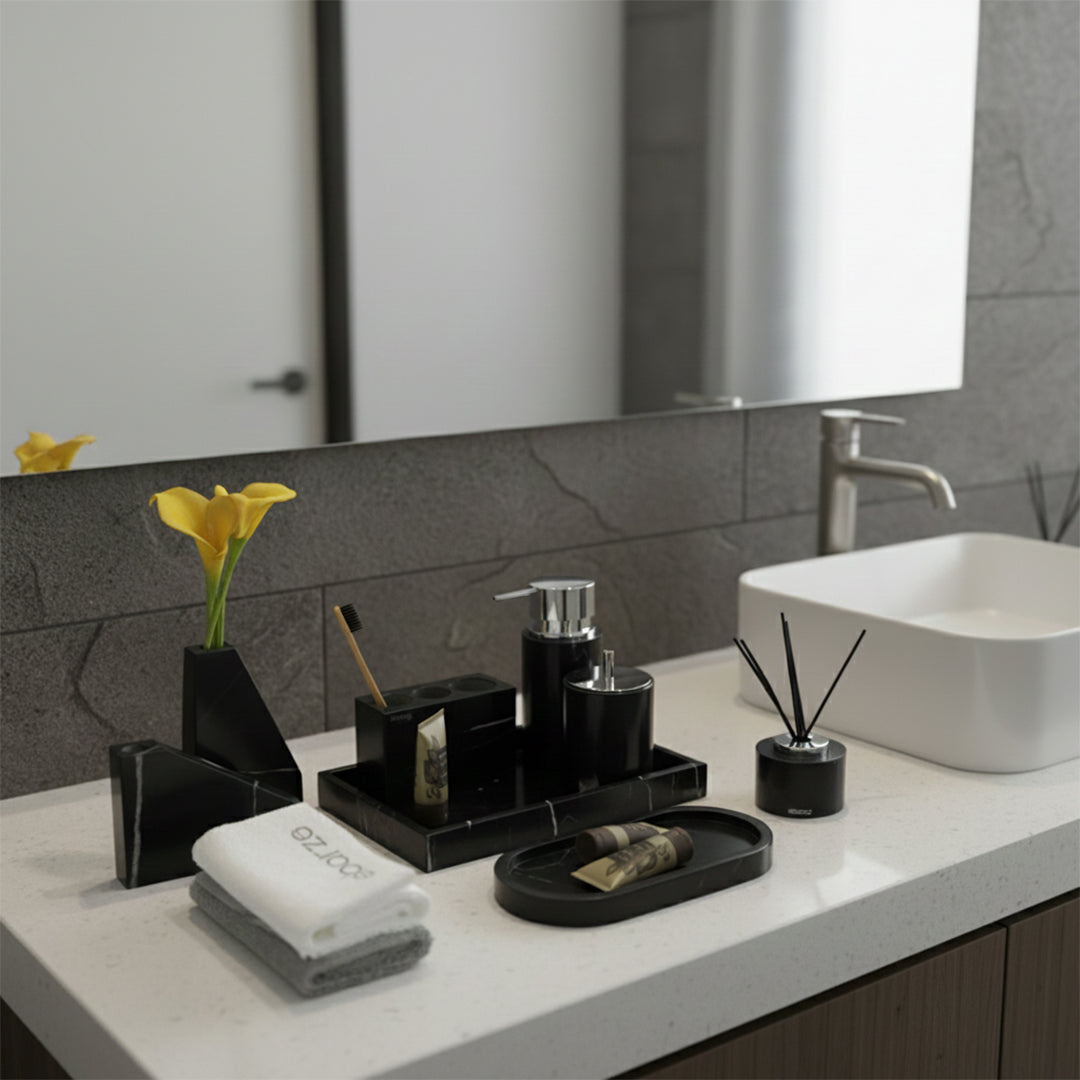 Large rectangular marble tray in black and white Marquina root marble, by BEACON, perfect for serving or display.