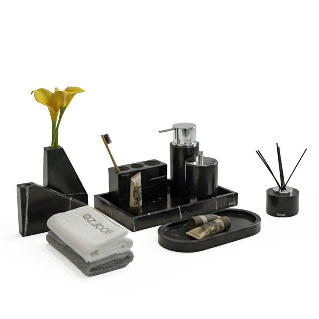 Large rectangular marble tray with black and white root Marquina marble by BEACON, perfect for serving or decorative use.