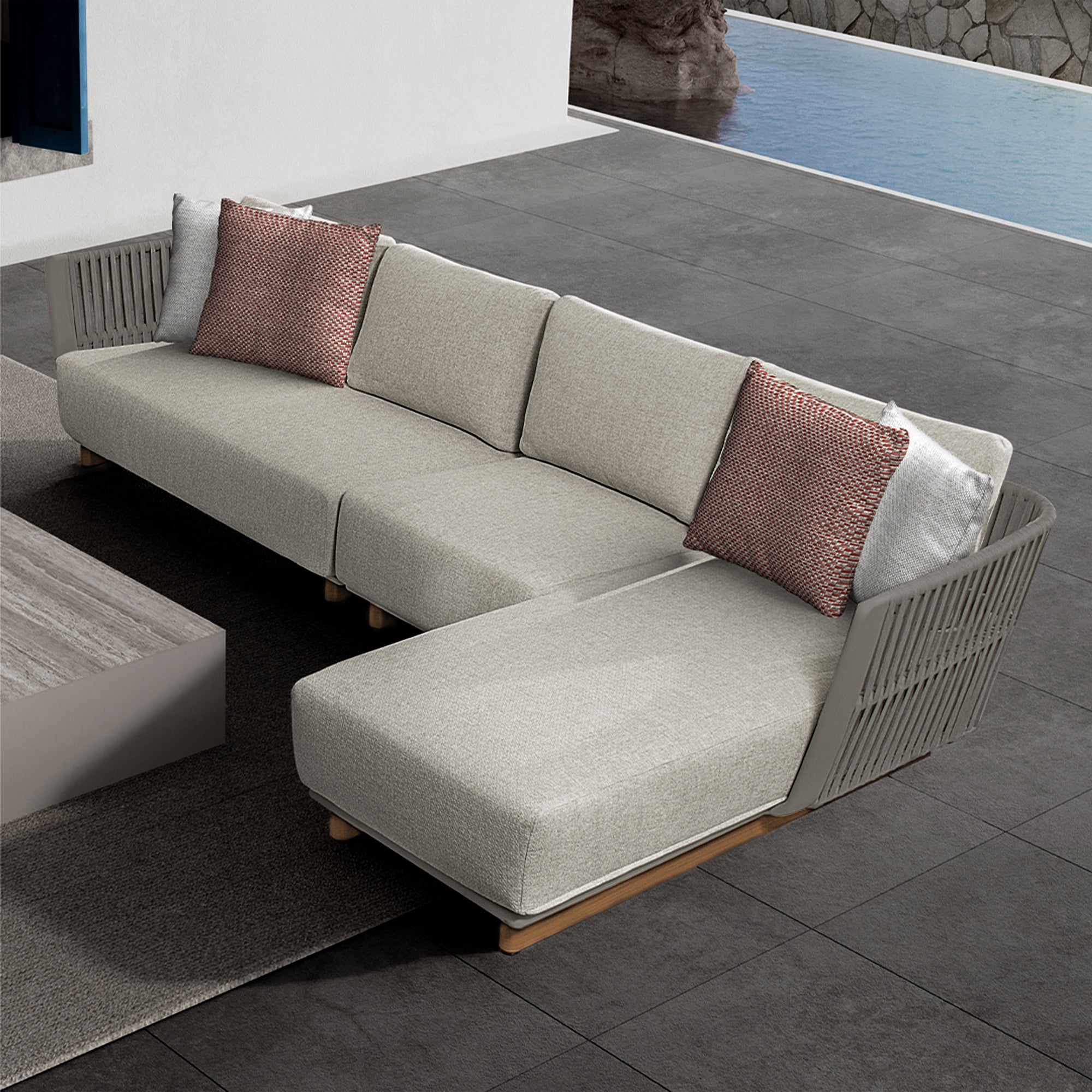 BEACON Marrakech outdoor right short arm sofa unit, stylish outdoor seating with modern design, in a natural setting.