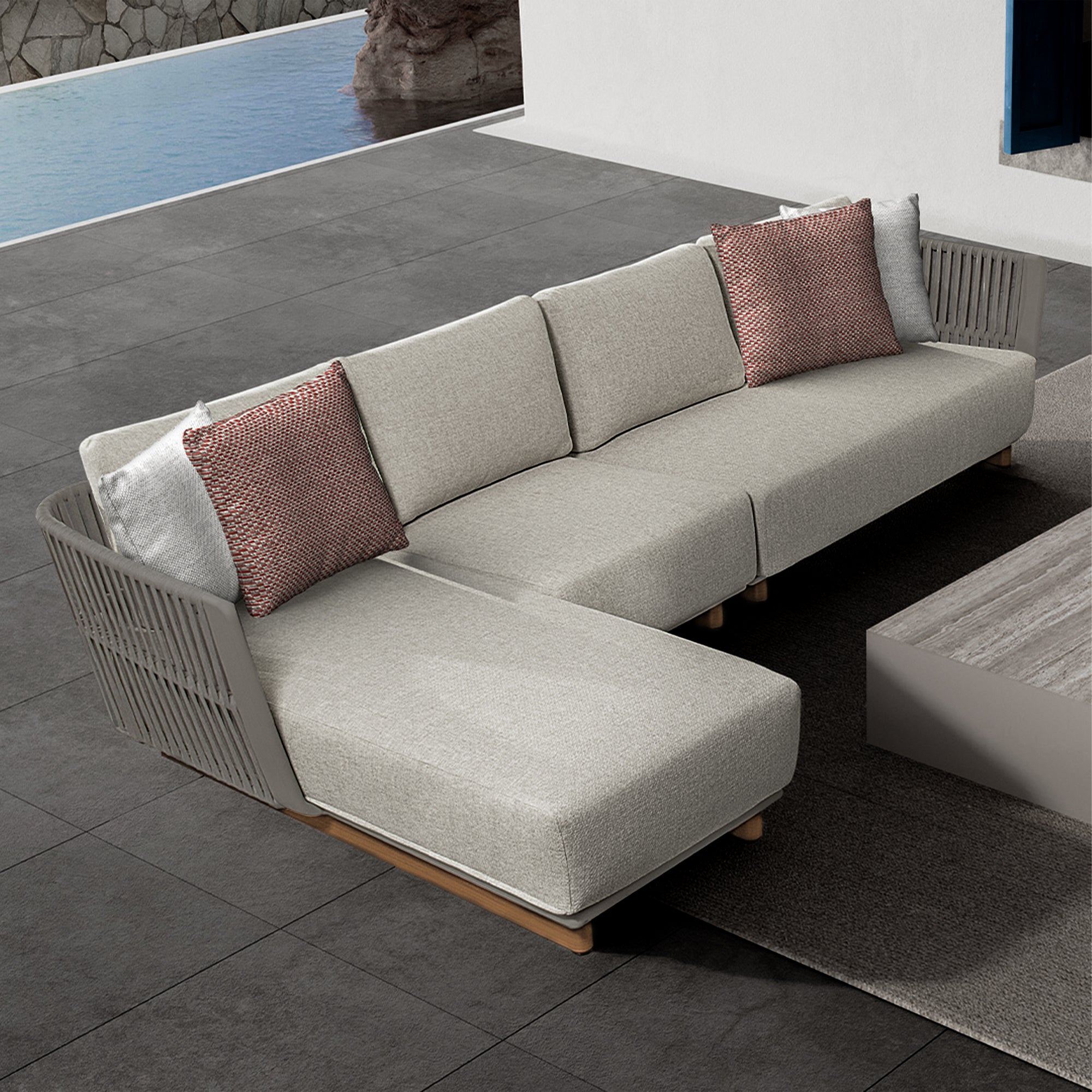 BEACON Marrakech outdoor single seater sofa in natural wood with comfortable cushions, ideal for patio or garden seating.