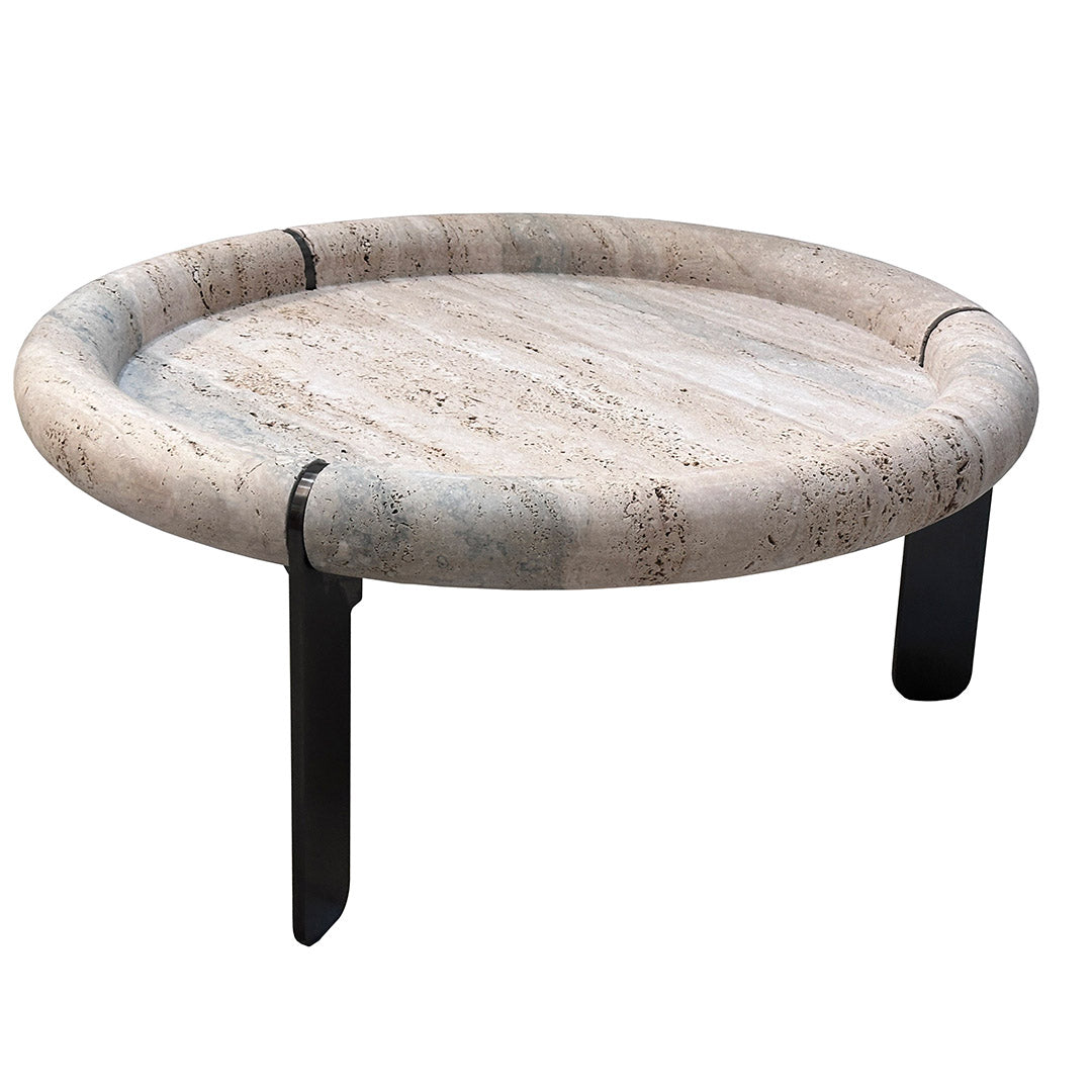 A2STONE Marseille Travertine Center Table coffee table with a round travertine top and sleek metal legs.