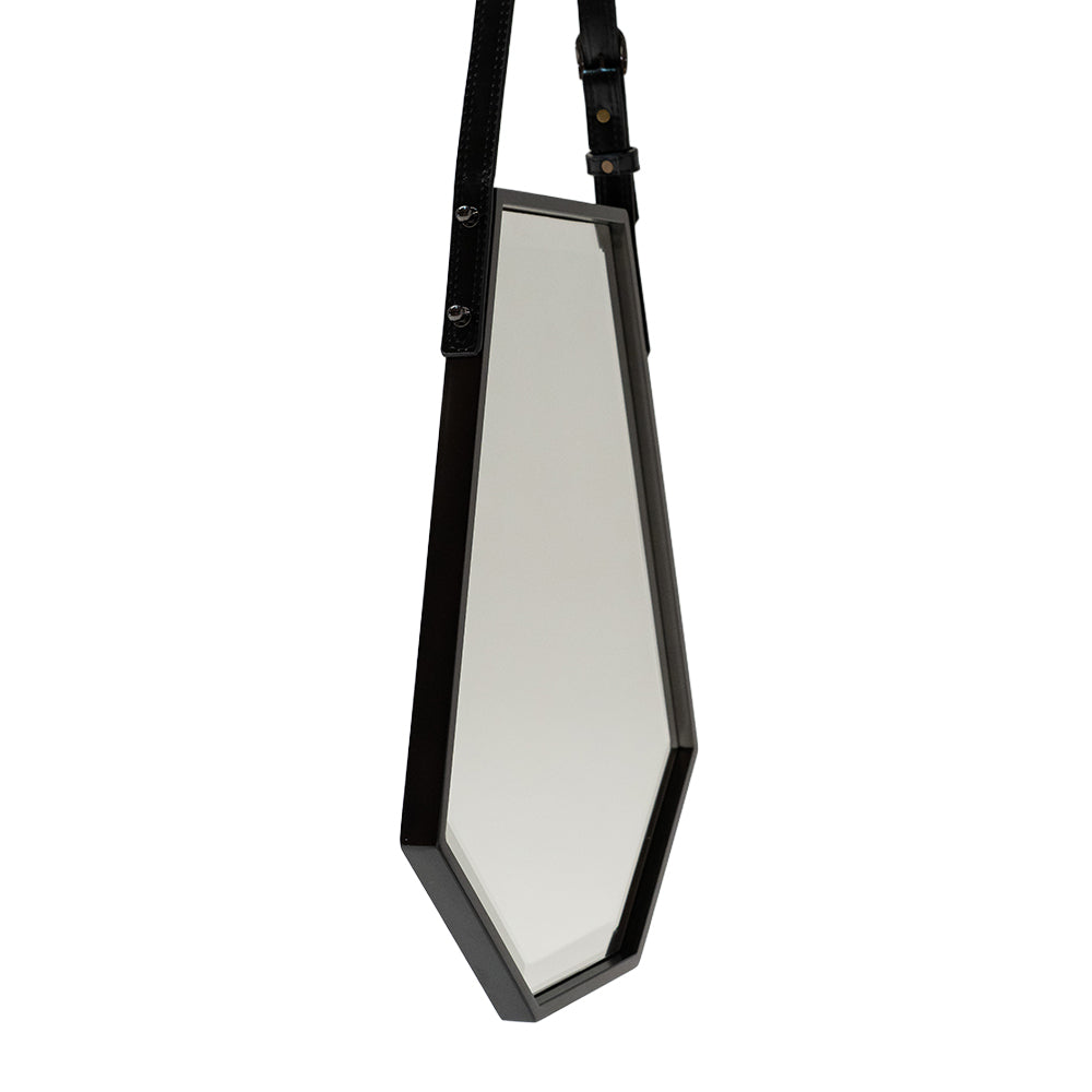 Mid-century French style mirror by BEACON, featuring a sleek wooden frame with elegant curved edges and classic design.