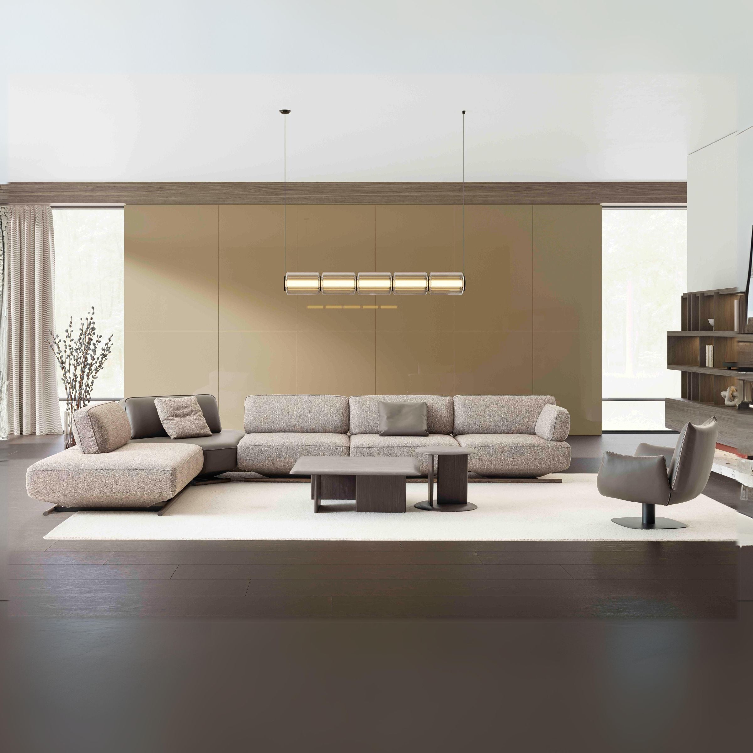 YOL LIVING Mila sofa module with right arm in a modern living room setting, showcasing the stylish armrest and fabric upholstery.