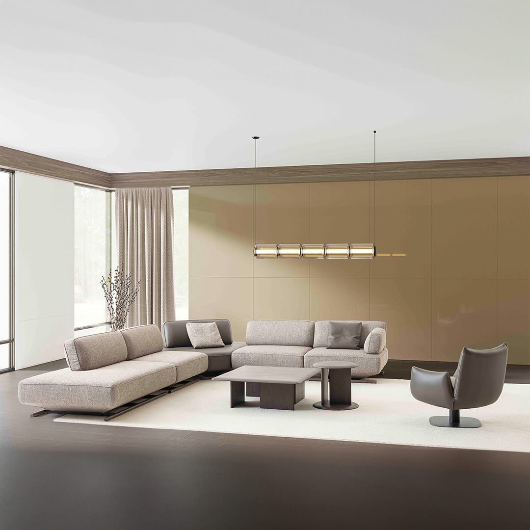 YOL LIVING MILA sofa module with right arm in a modern living room setting, featuring plush upholstery and contemporary design.