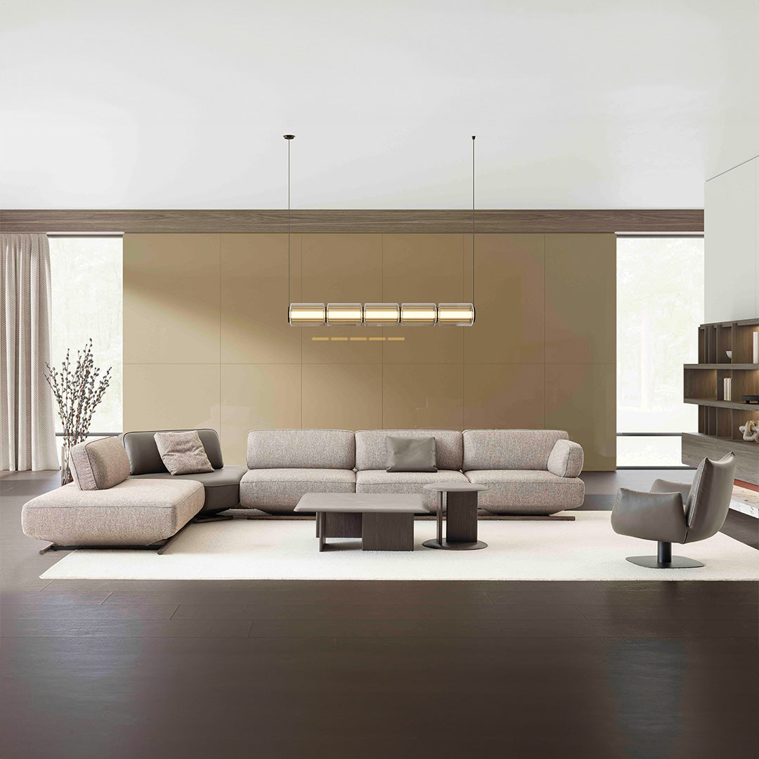 YOL Living MILA module sofa with right arm in modern living room setting, showcasing plush fabric and sleek design.