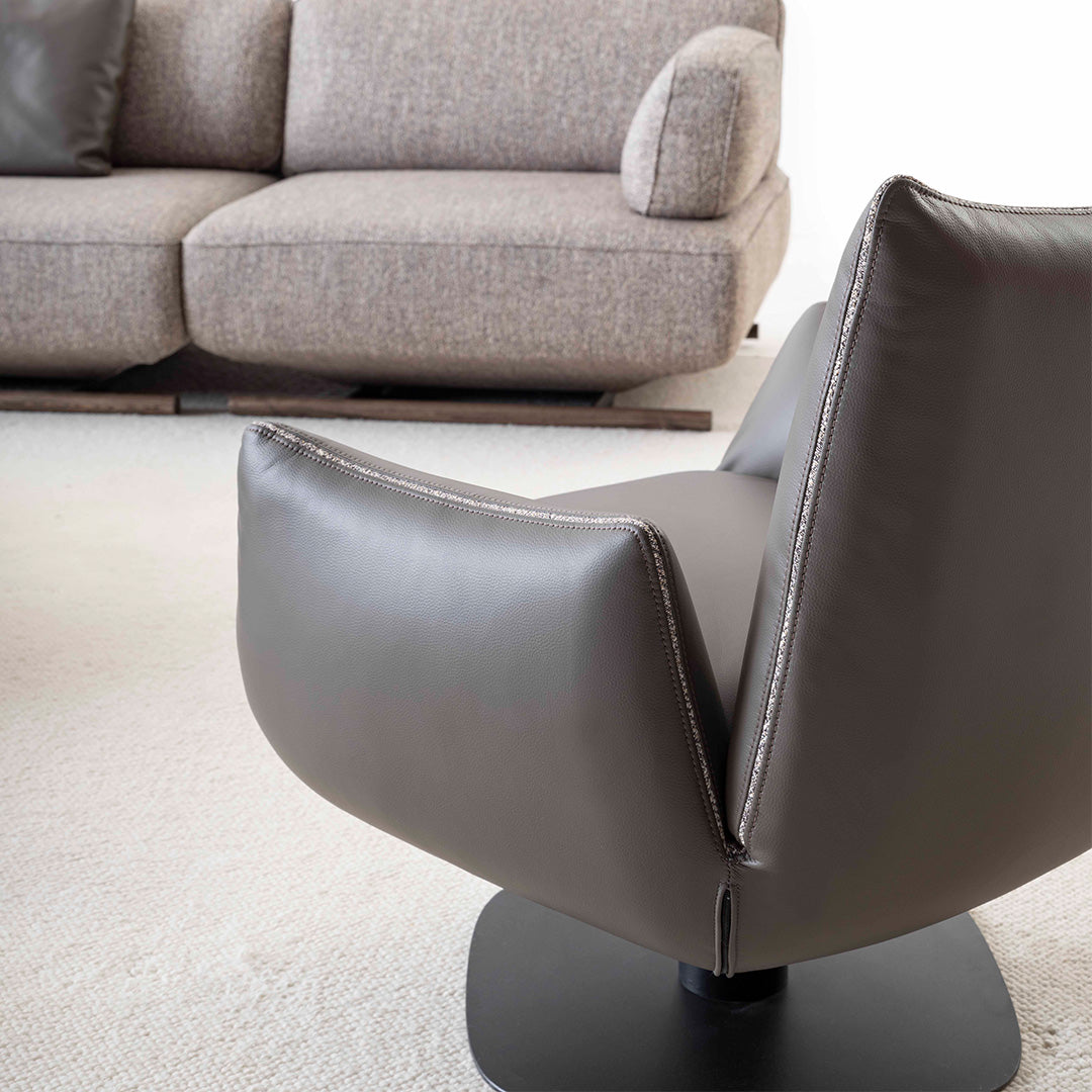 YOL LIVING MILA sofa module with right arm in a modern living room setting, showcasing the sofa's design and fabric texture.