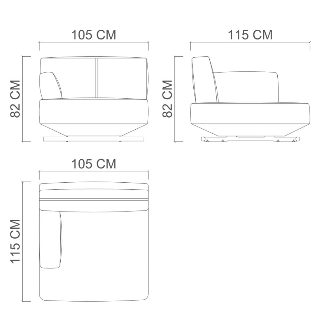 YOL LIVING MILA sofa module with right arm in a modern living room setting, showcasing the beige fabric and sleek design.