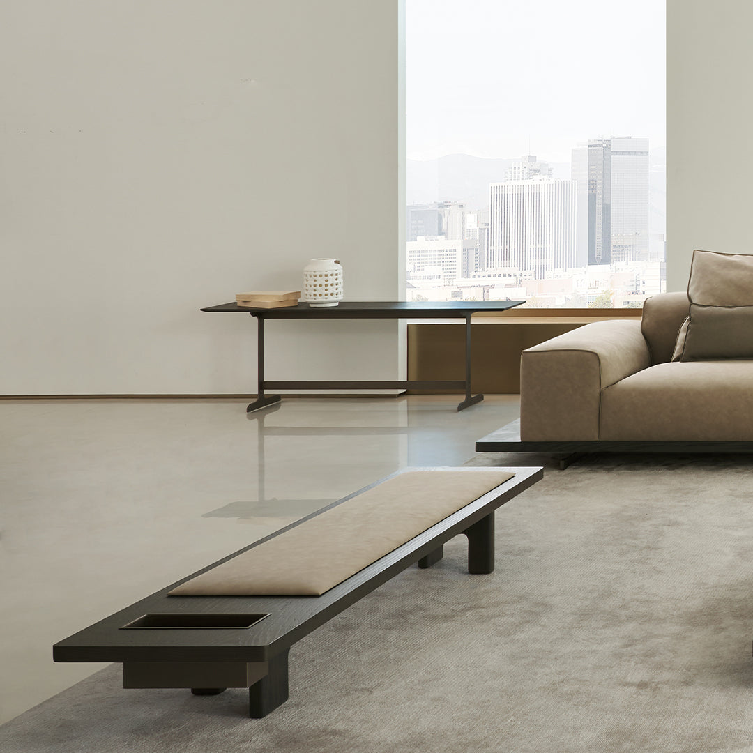 Miya Bench by BEACON, modern wooden bench with metal legs, ideal for entryway or living room seating.