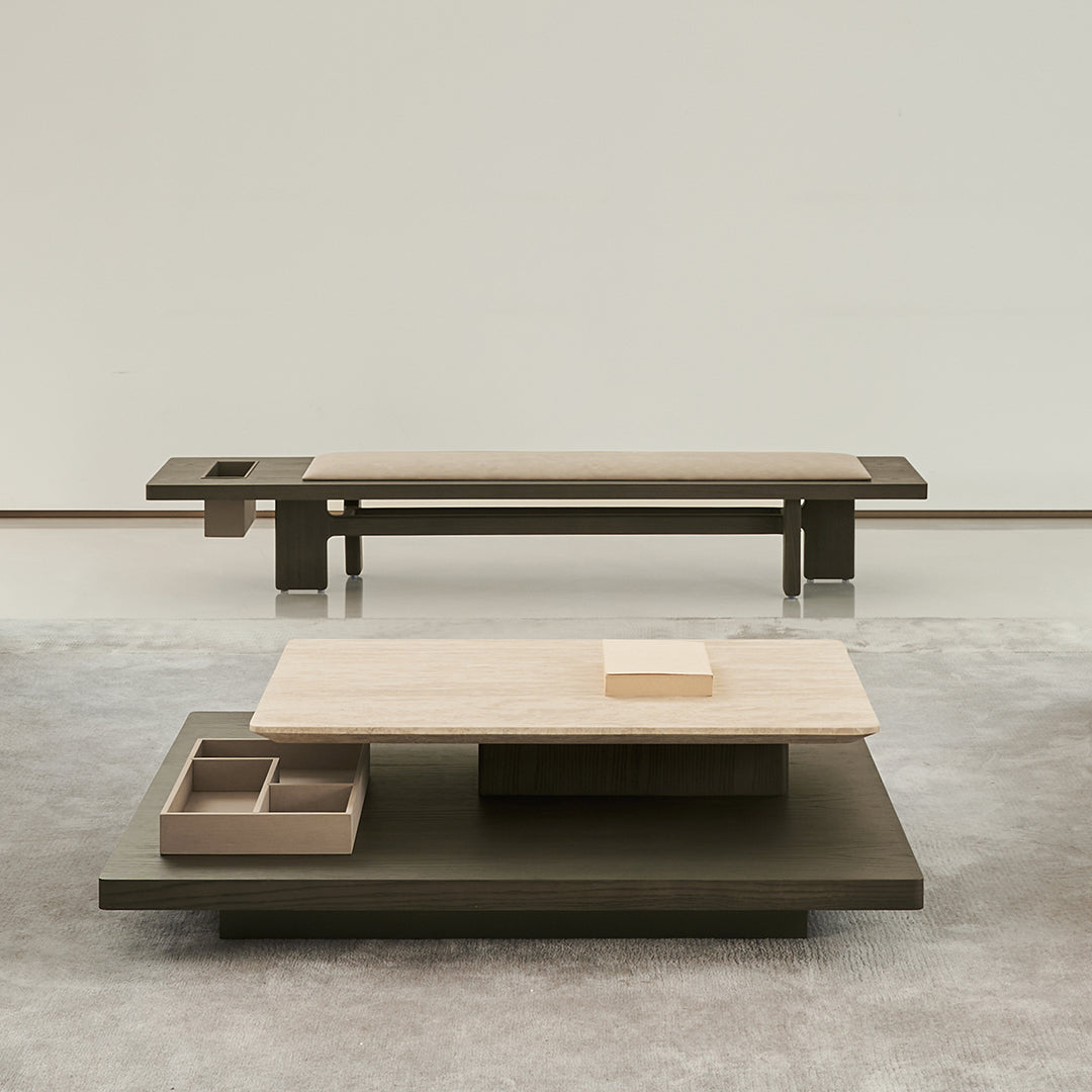 Miya Bench by BEACON, modern wooden bench with metal legs, ideal for living room or entryway seating.