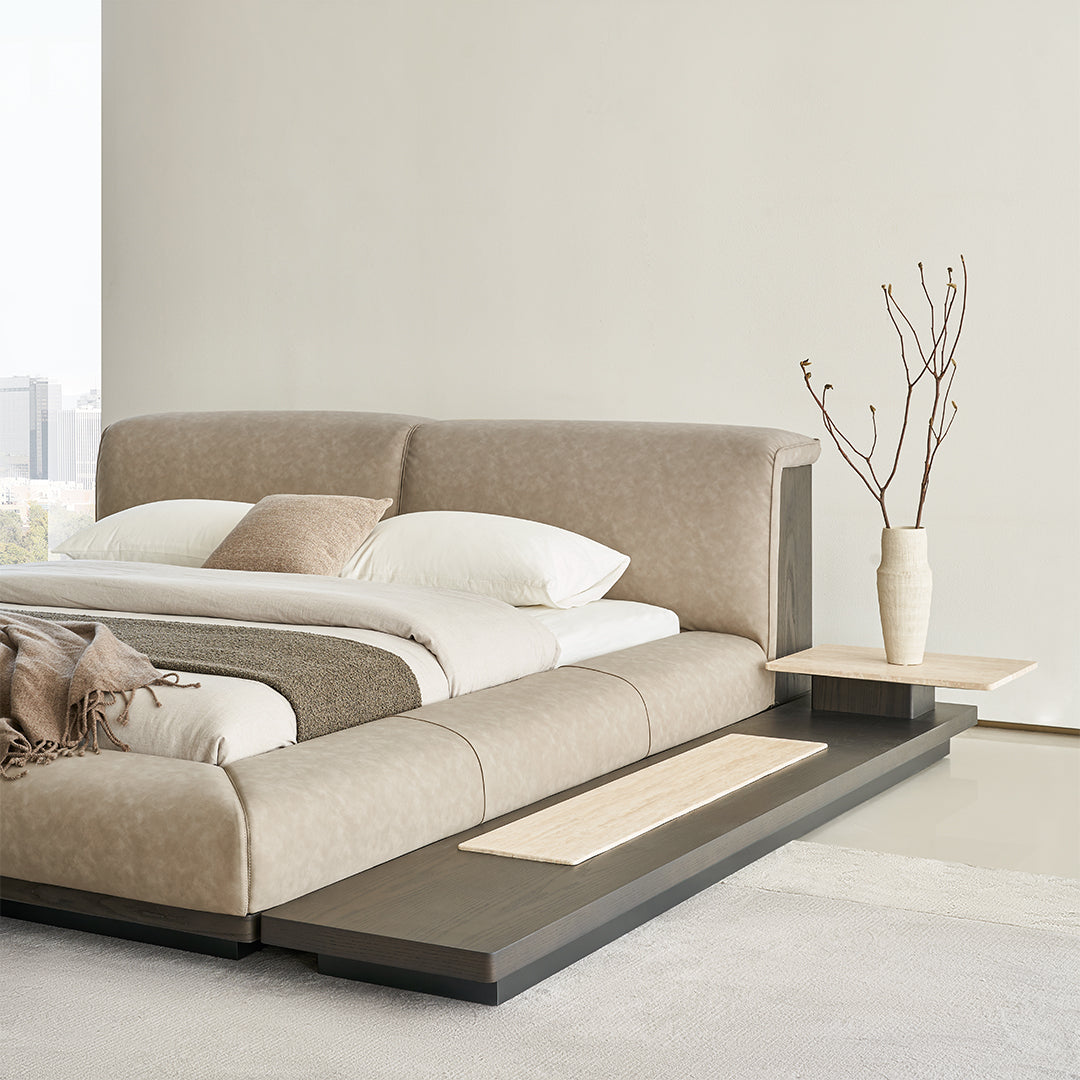 Miya King Size Bed by BEACON, wooden bedsteads with a modern design, featuring a sturdy frame and headboard, in a bedroom setting.