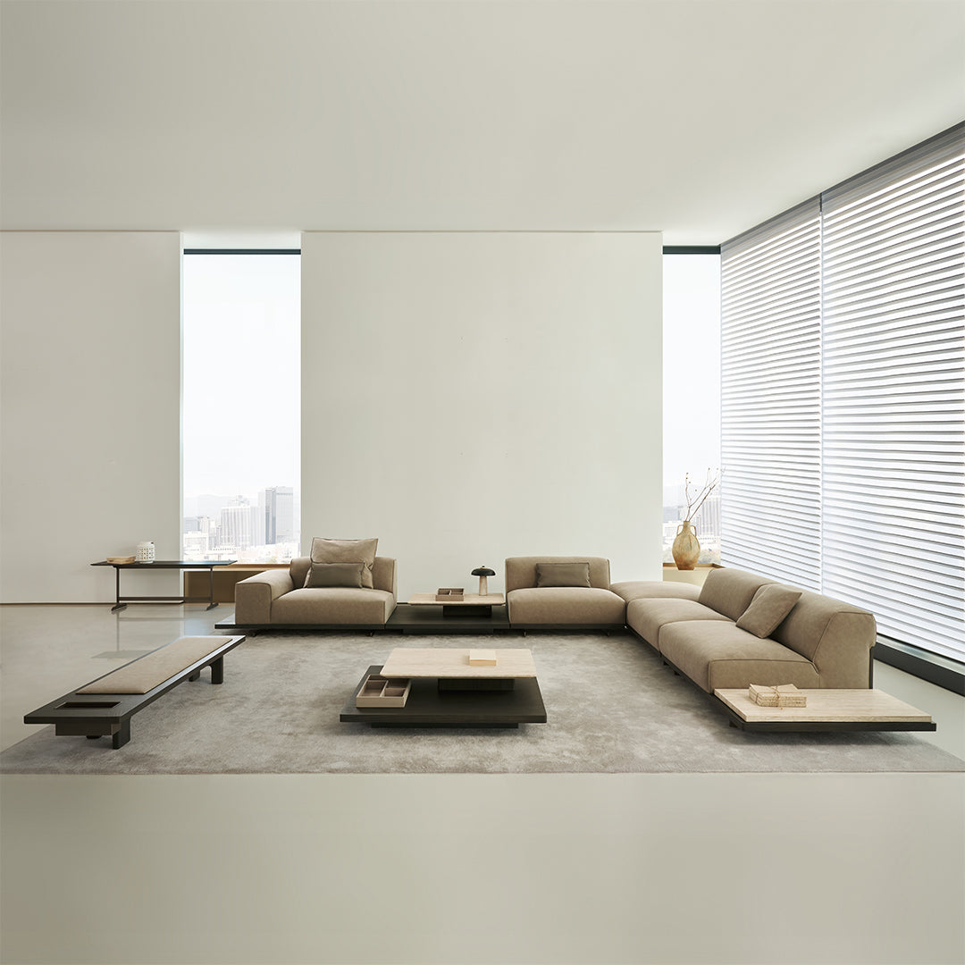 Miya single seater sofa module with left arm in beige fabric, modern design, by BEACON MEDG, model AMBO-S80249.