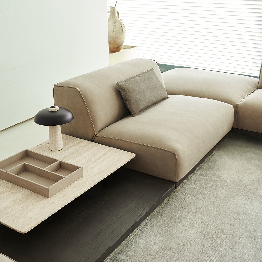 Miya single seater sofa module with left arm by BEACON, modern beige fabric sofa for living room seating.