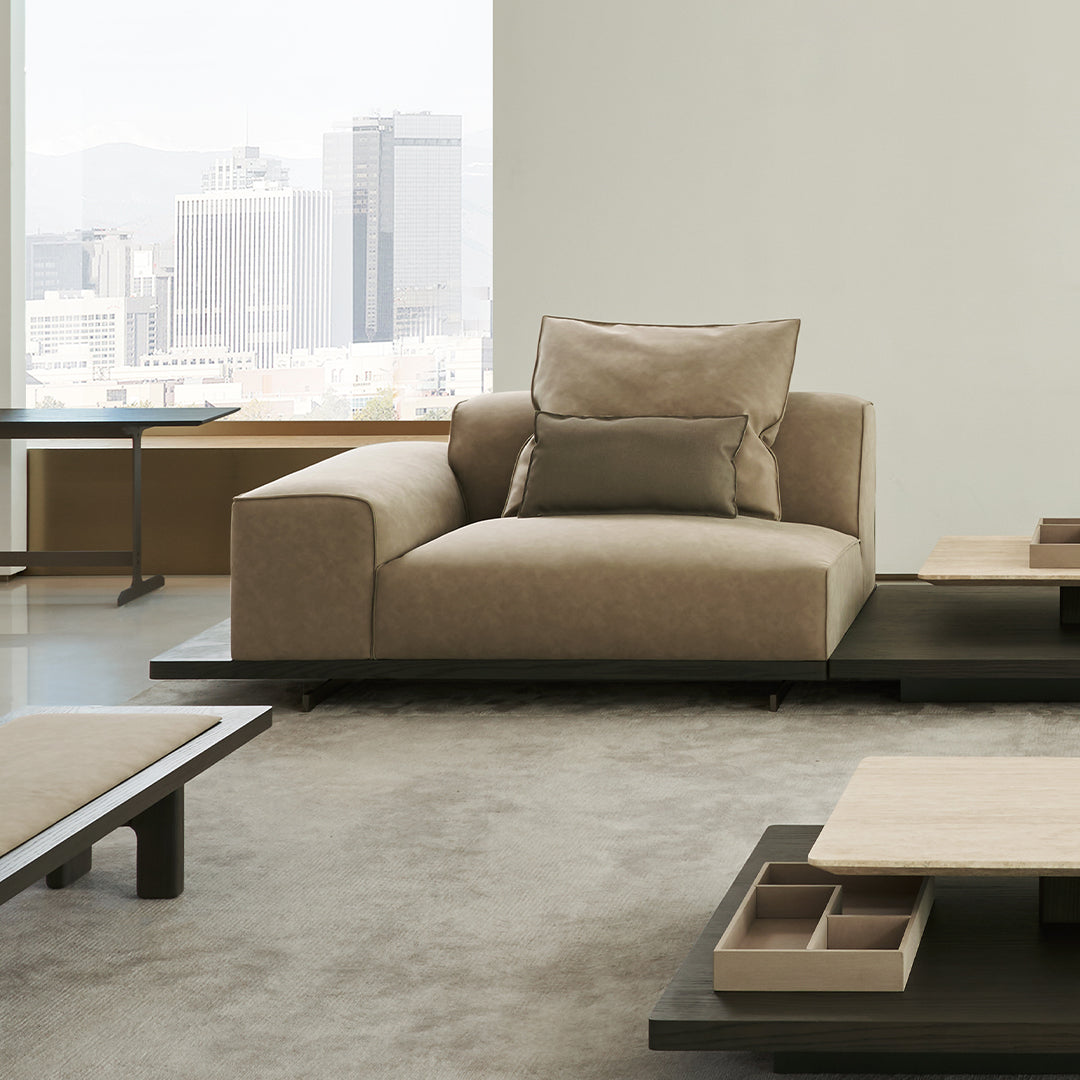 BEACON Miya single seater sofa module with left arm, modern design, beige fabric upholstery, ideal for contemporary living rooms.