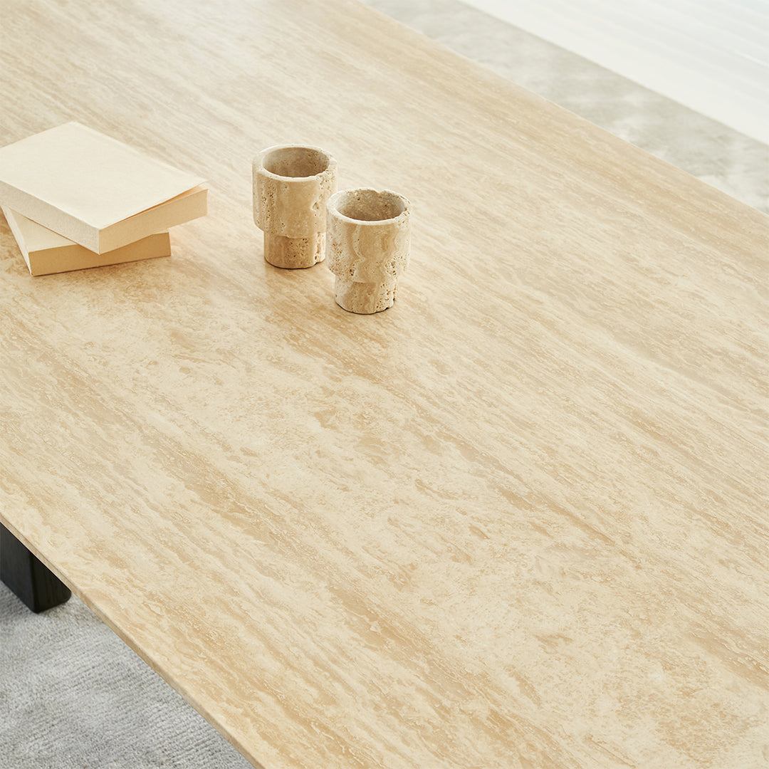 BEACON Miya Travertine Dining Table with sleek stone surface and modern design, perfect for contemporary dining spaces.