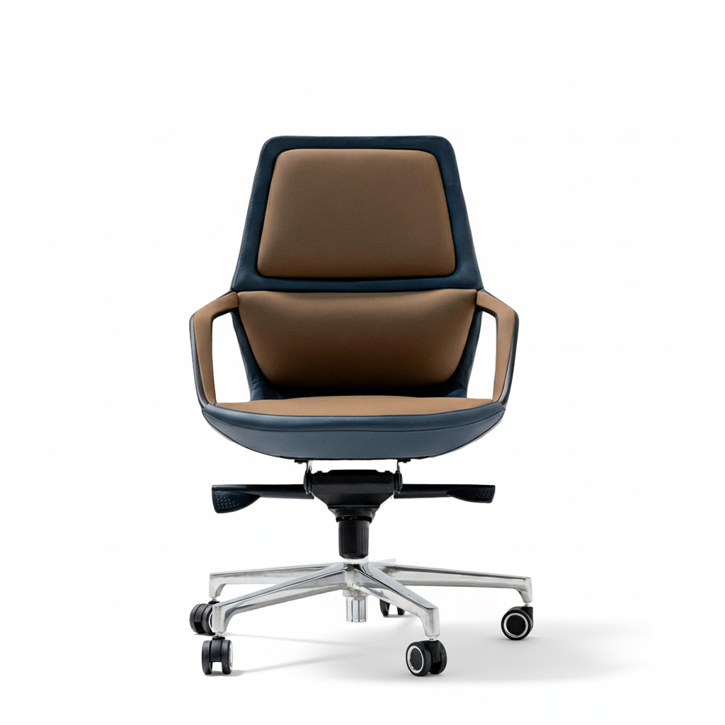 BEACON Mobius Office Chair with wheels, ergonomic design, adjustable height, black cushioned seat and backrest, on a swivel base.