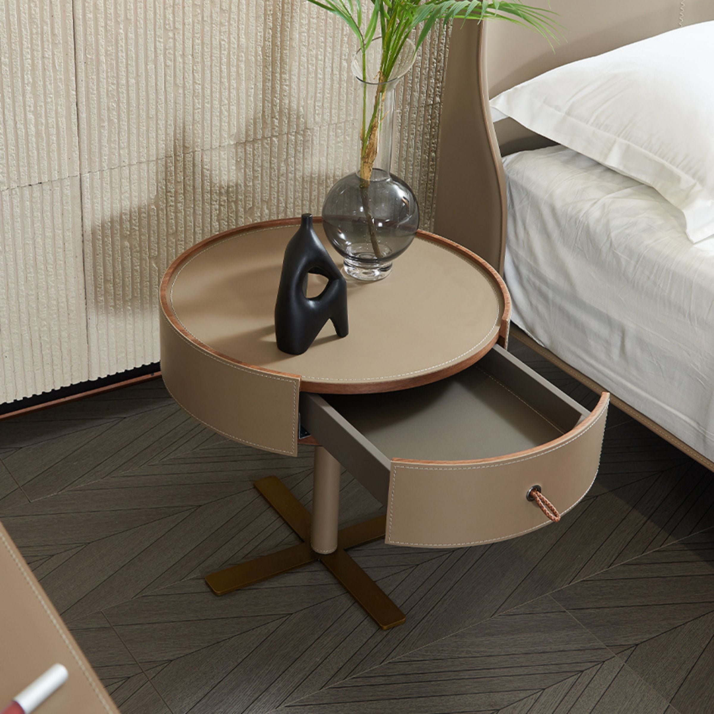 Mojave Saddle Leather Bedside Table MLL-T64 -  Side Tables - ebarza Furniture UAE | Shop Modern Furniture in Abu Dhabi & Dubai - مفروشات ايبازرا في الامارات | تسوق اثاث عصري وديكورات مميزة في دبي وابوظبي