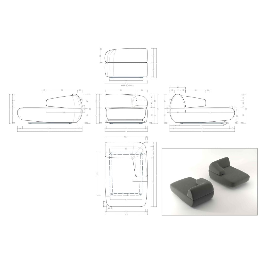 Left relaxation module for Mollis sofa by BERIN, featuring plush cushions and modern design in natural fabric.