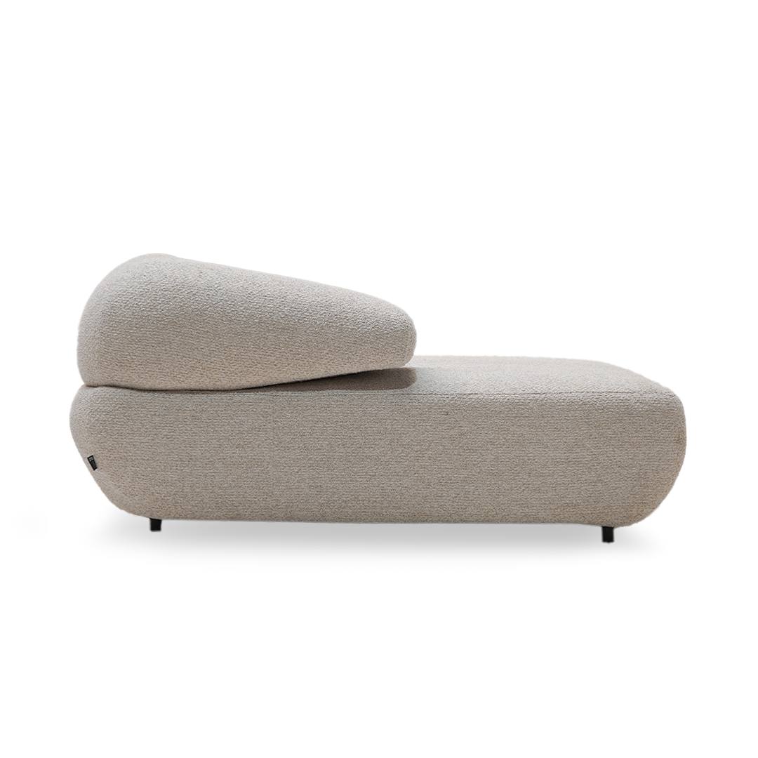 Left relax module for Mollis sofa by BERIN, showing cushioned armrest and plush seating in a modern sofa setup.