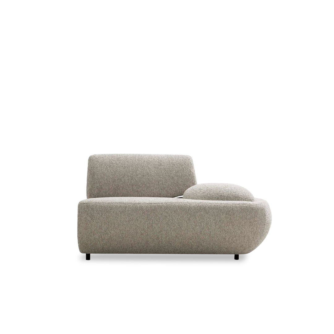 Mollis right module with 135cm length and matching pouf for BERIN Mollis sofa, modern beige fabric upholstery, side view