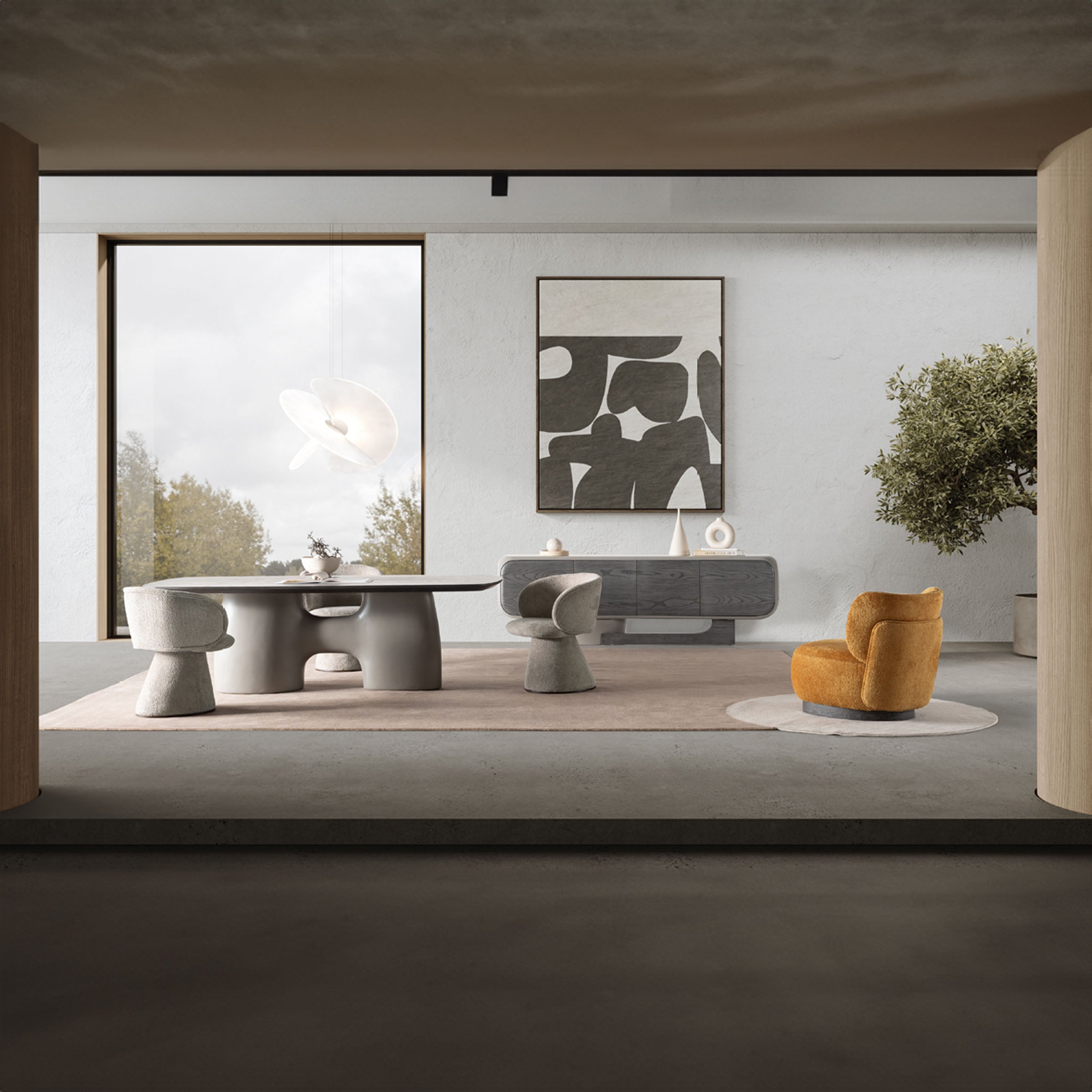 SARDUNYA MOON swivel dining chair with a modern design and cushioned seat, featuring a round backrest and metal base.