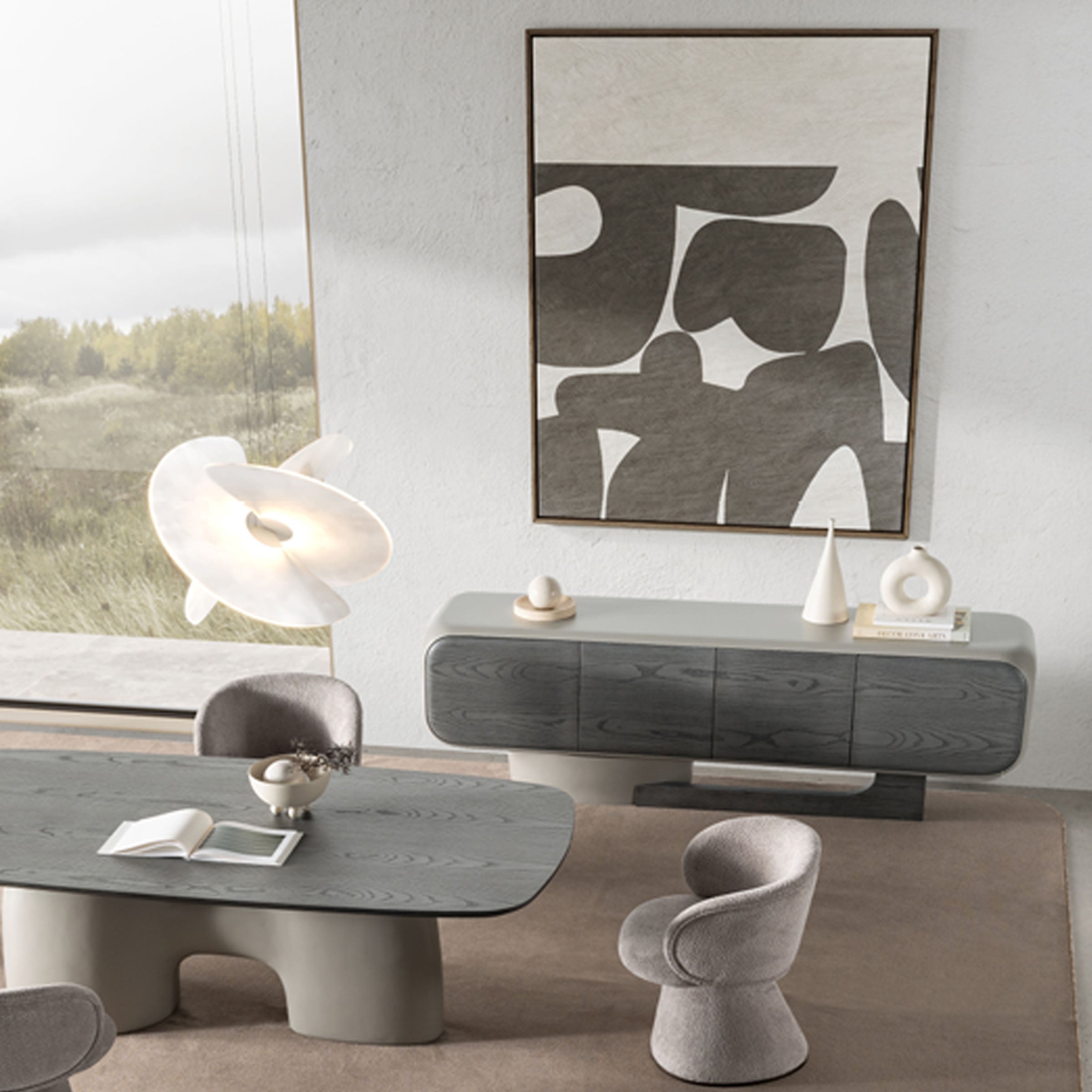 SARDUNYA MOON Swivel Dining Chair in modern design with a curved seat and metal base, ideal for contemporary dining rooms.