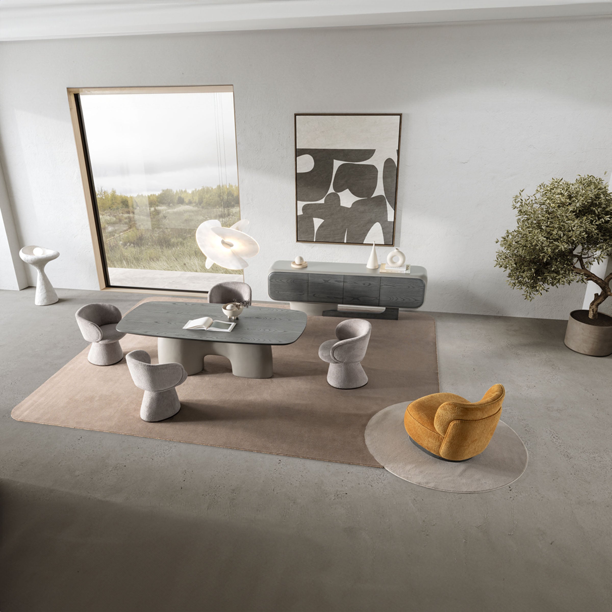 SARDUNYA MOON swivel dining chair with a modern design, featuring a round seat and a sturdy base for comfortable dining seating.