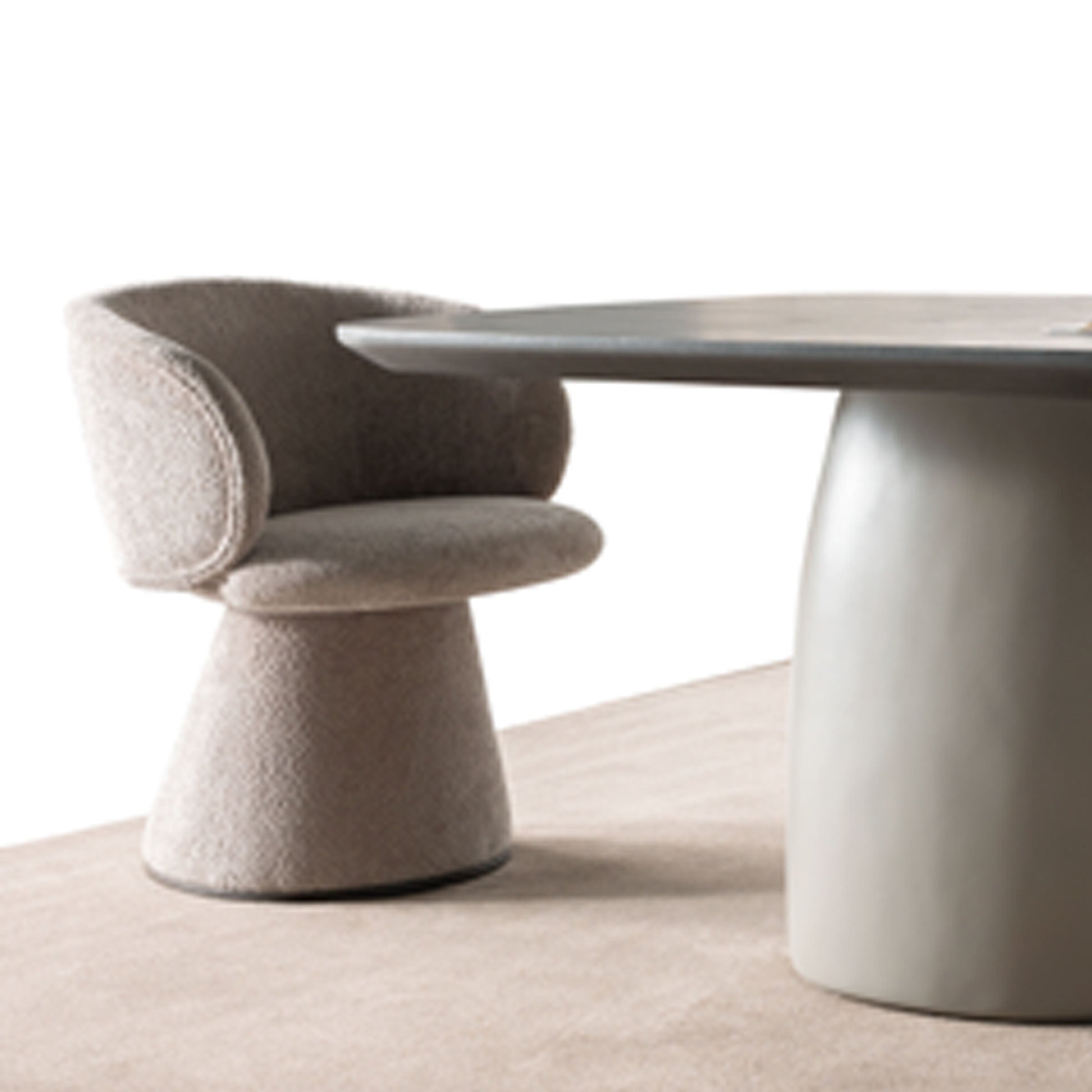 SARDUNYA MOON swivel dining chair with round seat and modern design, featuring a sleek wooden base and curved backrest.