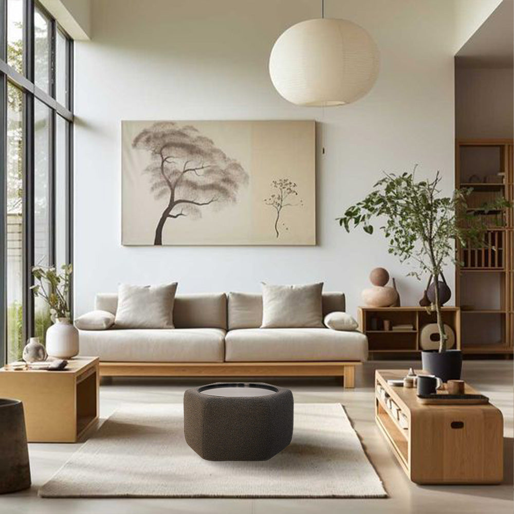 BEACON mosaic octagon fabric coffee table with stylish patterned surface and wooden legs, modern living room centerpiece.