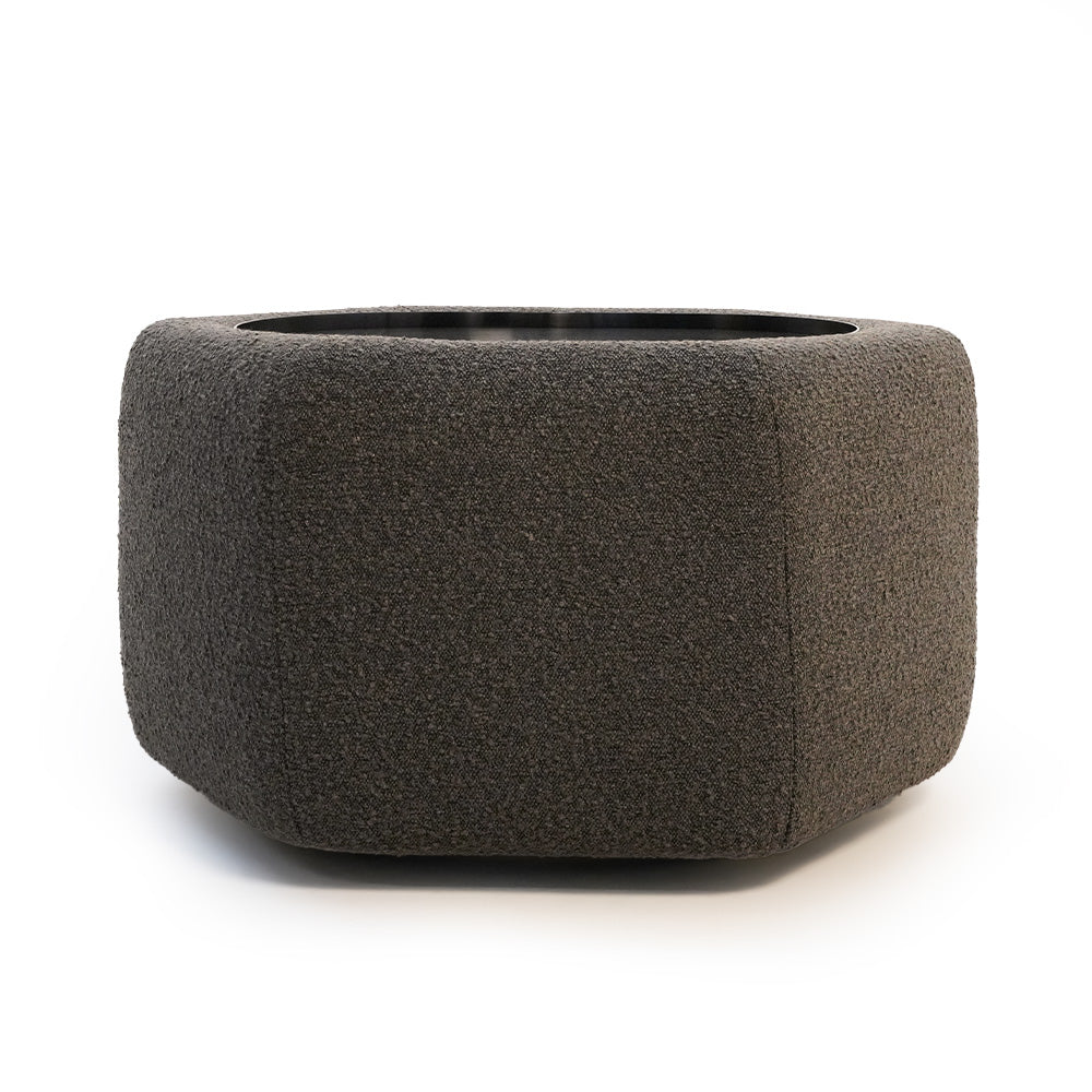 BEACON mosaic octagon fabric coffee table with colorful geometric mosaic pattern and wooden legs.