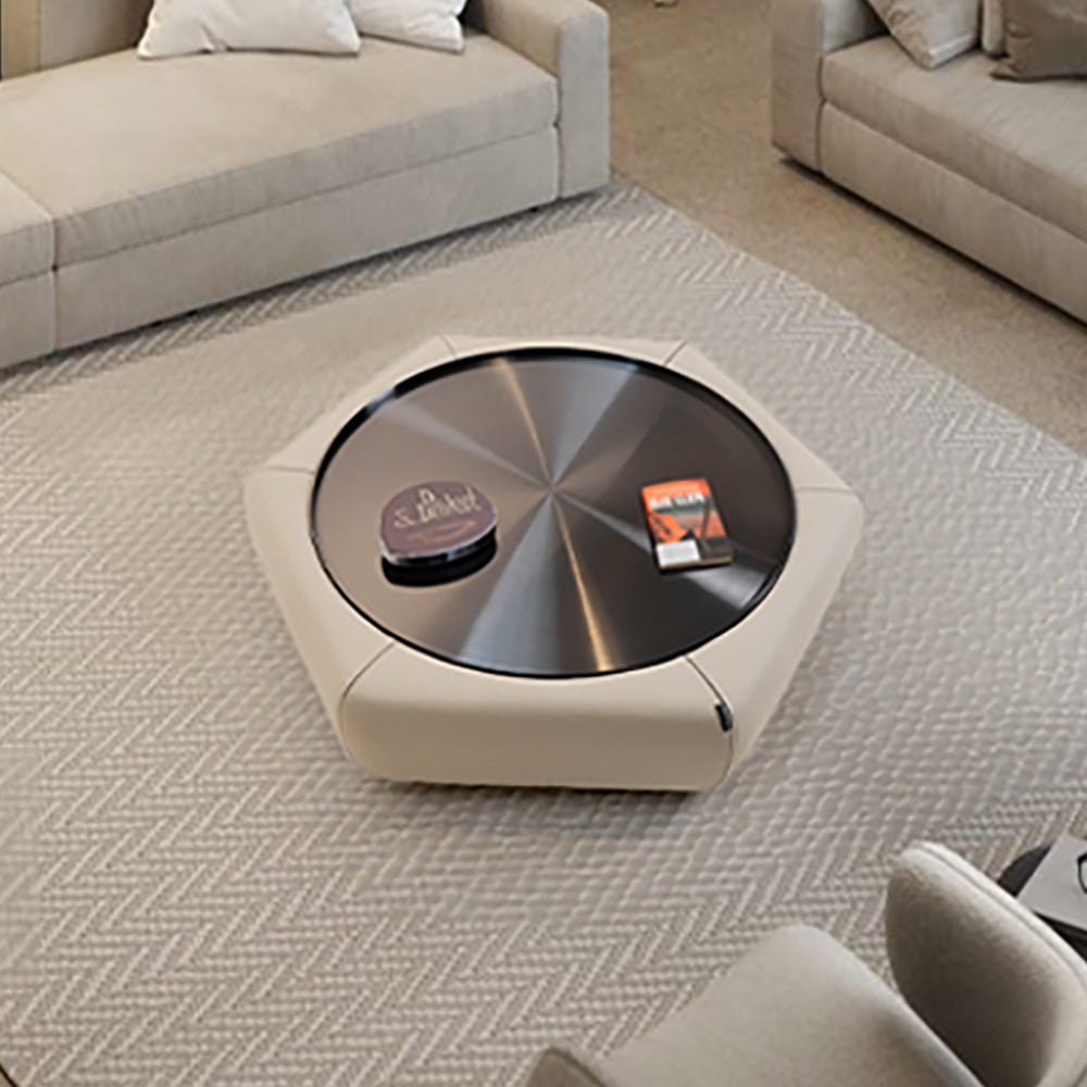 Mosaic octagon leather coffee table by BEACON with a stylish mosaic pattern and sleek design.