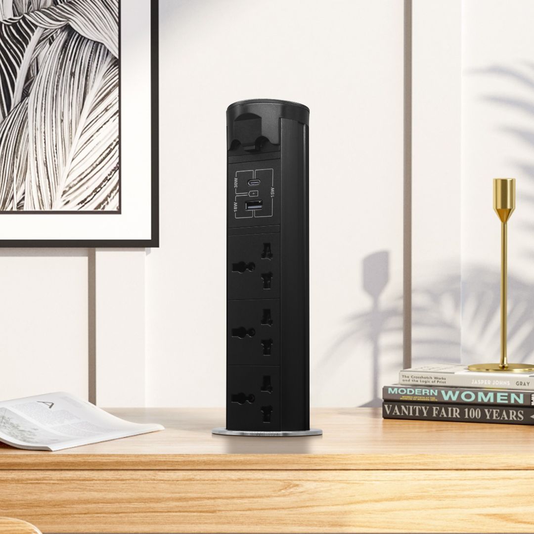 Motorized vertical pop-up socket from BEACON Smart Sockets line, with multiple power outlets and a sleek design.