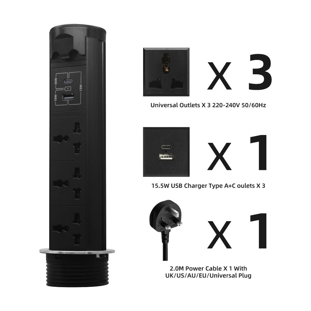 Motorized vertical pop-up socket from BEACON, smart socket with motorized design and multiple power outlets.
