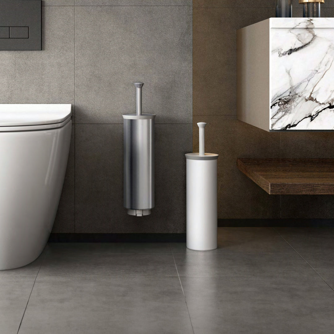Steel toilet brush and trash bin set by BEACON, with a matte finish and modern design, suitable for bathroom use.