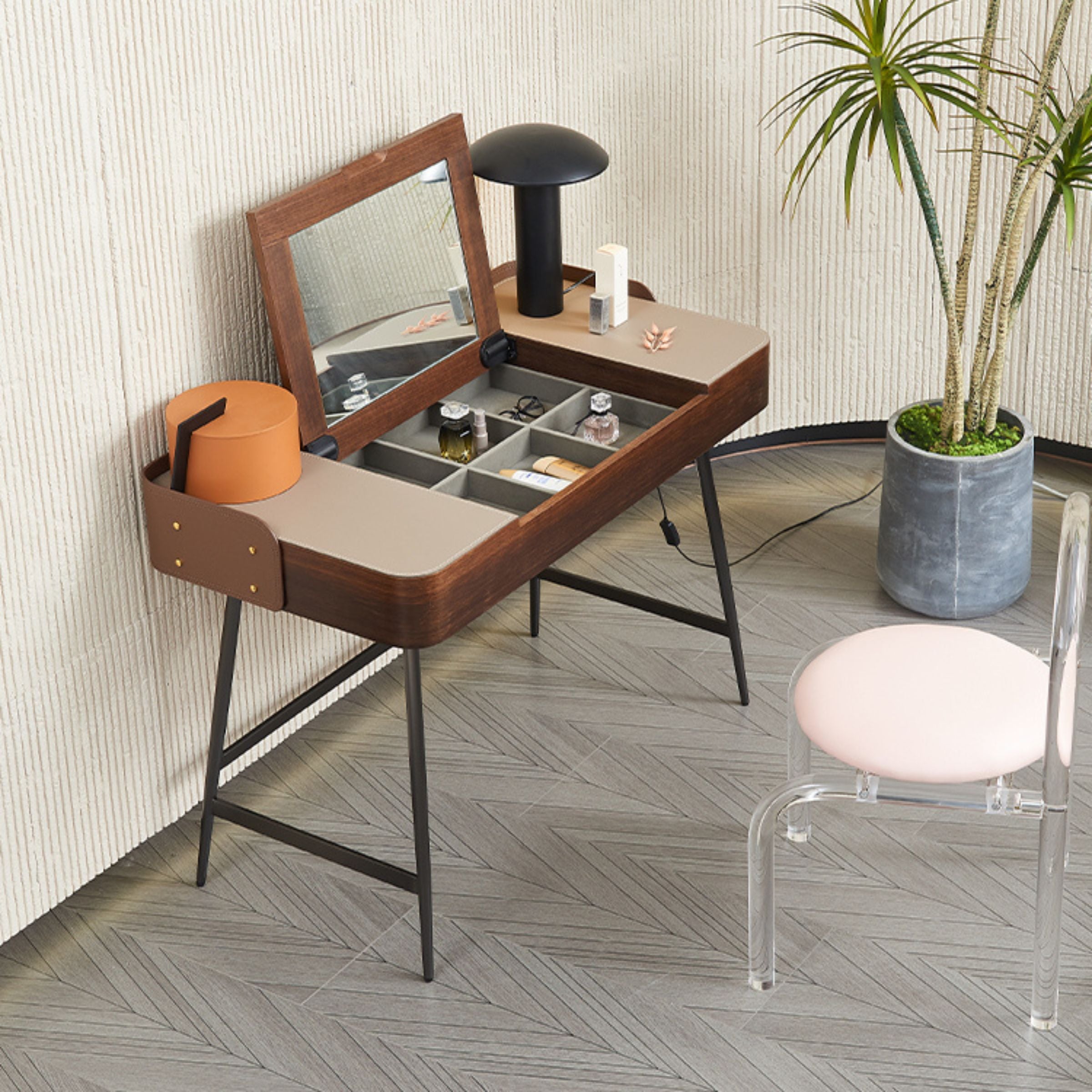 BEACON Muse Saddle Leather stainless steel dresser with sleek design, featuring leather accents and modern handles.