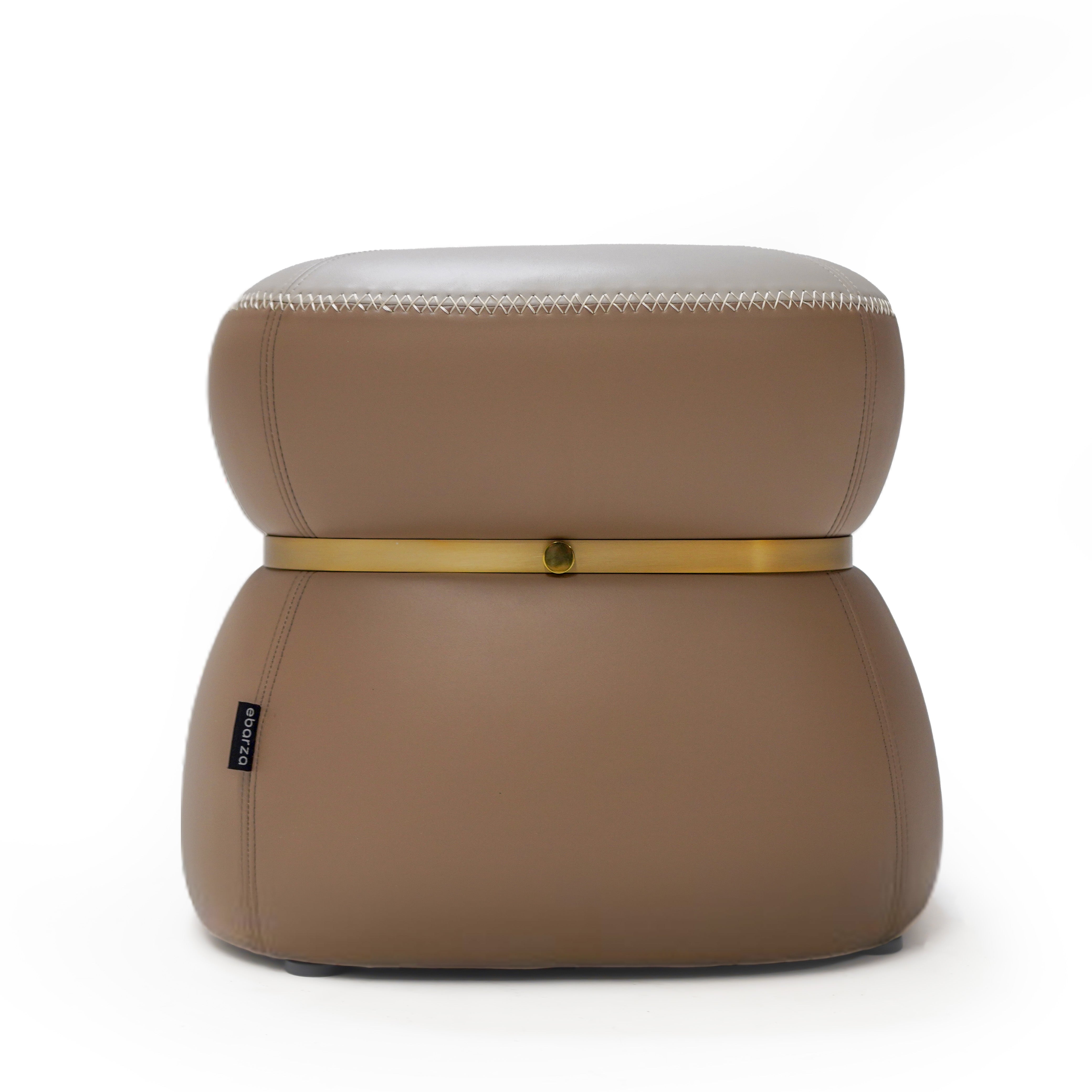 Light brown Nappa leather pouf by BEACON, model BC708-1, with soft, textured surface and sturdy round shape for versatile seating.