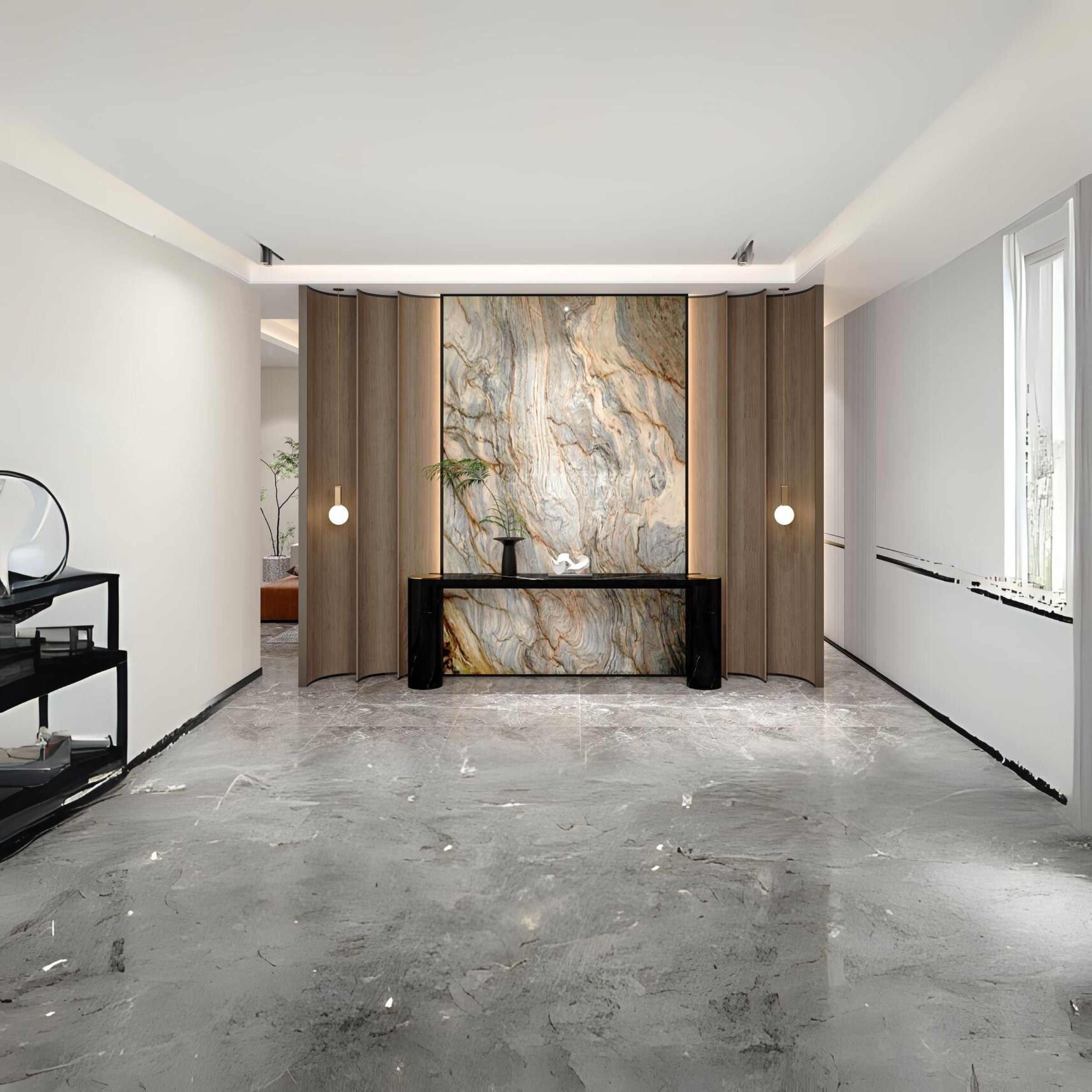Natural Nero Marquina marble console with stainless steel champagne gold accents, 200cm length, modern design by A2STONE.
