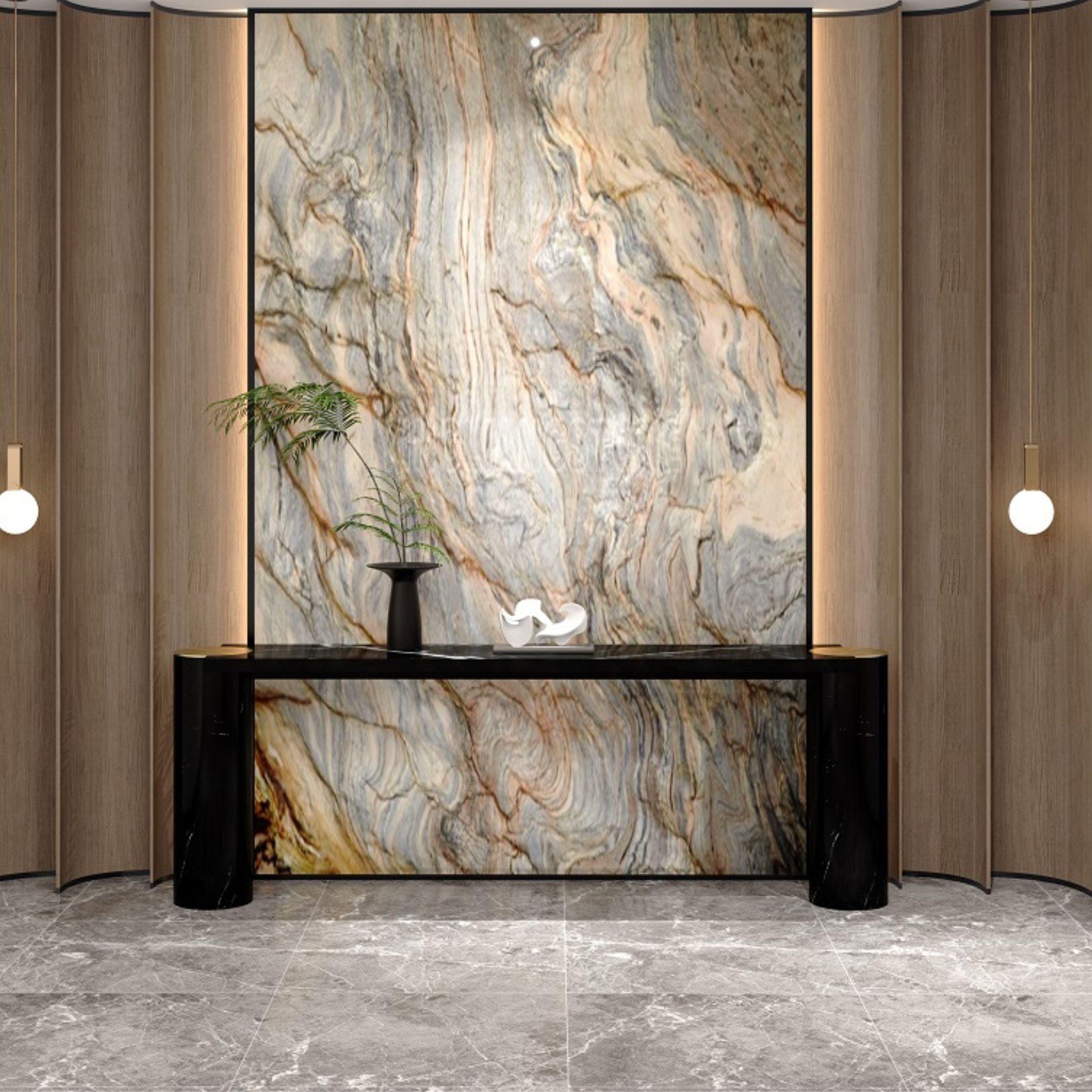 Natural Nero Marquina marble console table with stainless steel champagne gold legs, 200cm long, by A2STONE.