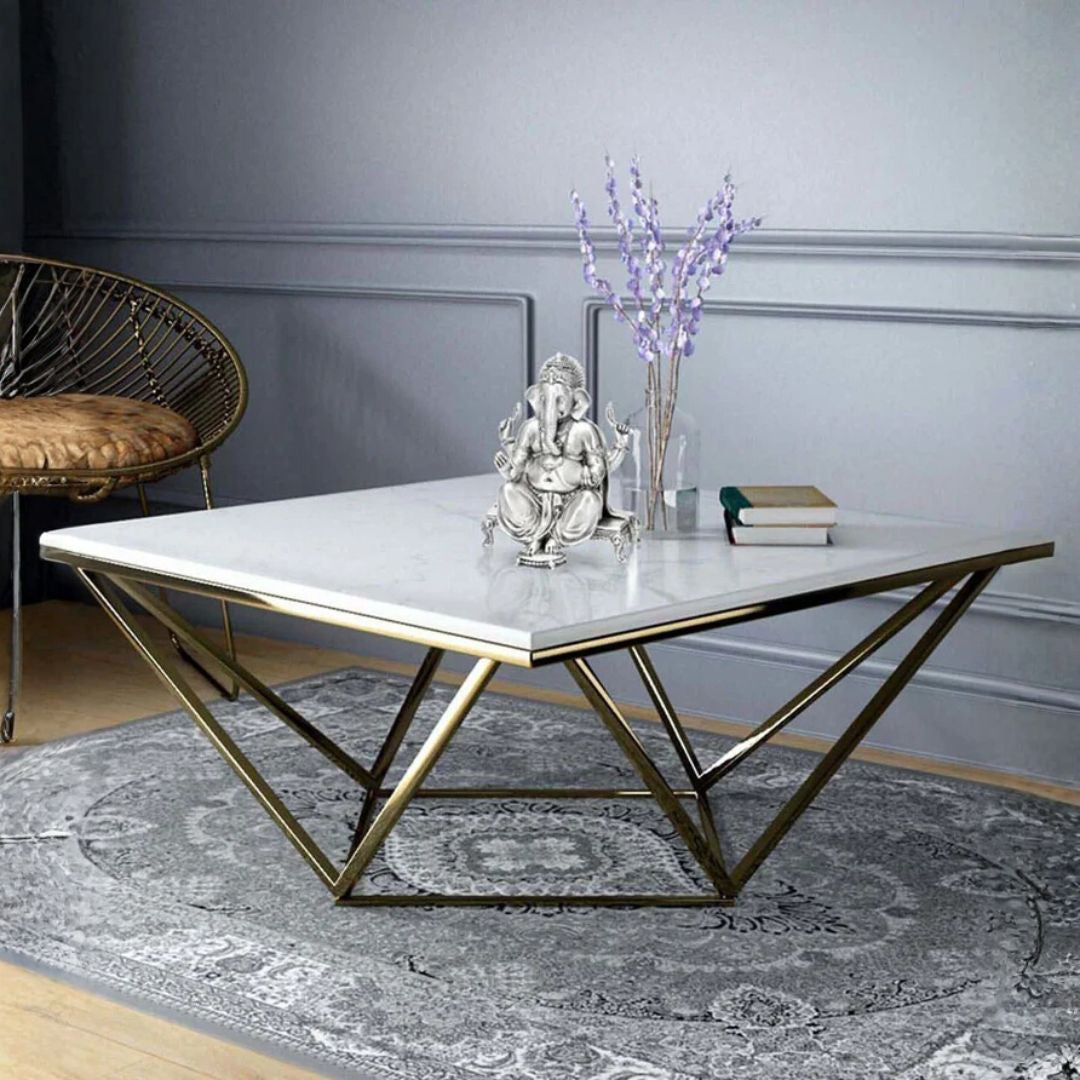 Natural marble and stainless steel coffee table by BEACON with modern design, featuring a sleek marble top and metal frame.