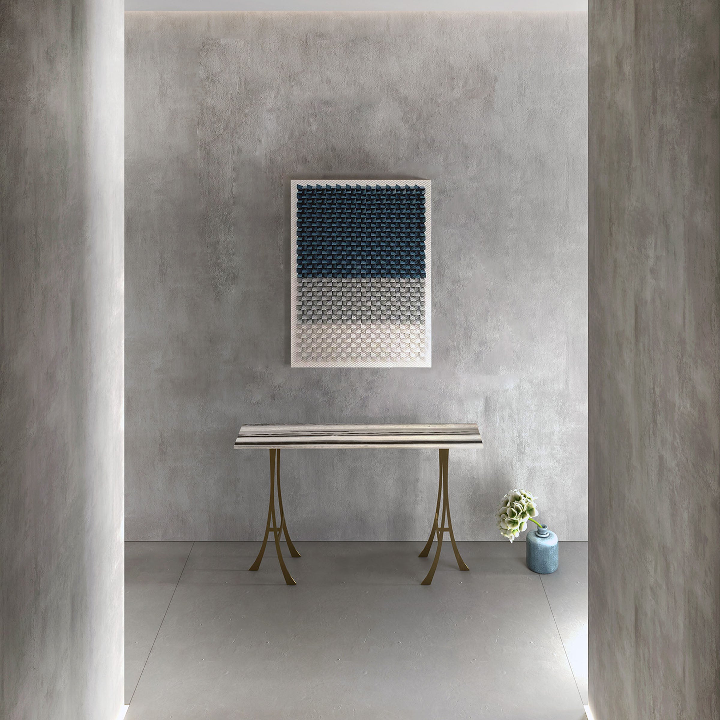 Natural stone and stainless steel console table by A2STONE, Water Melody design, modern entryway or living room furniture.