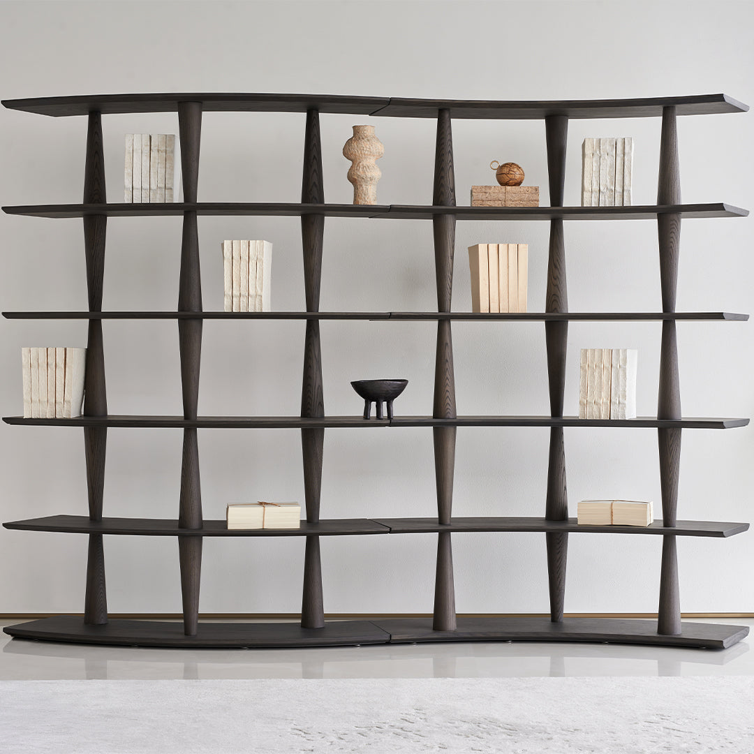 Beige Nexus Shelf in ash wood with Italian grey finish by BEACON, showcasing a modern wall-mounted shelf with clean lines.