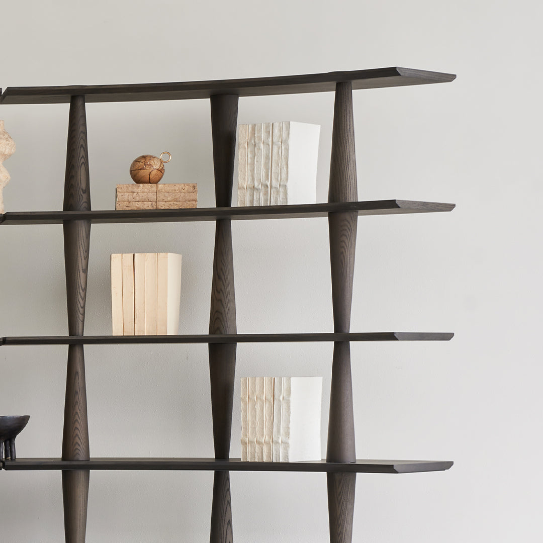 Ash wood Nexus Shelf by BEACON in Italian Grey showcasing a sleek, modern shelving unit with clean lines and natural wood finish.