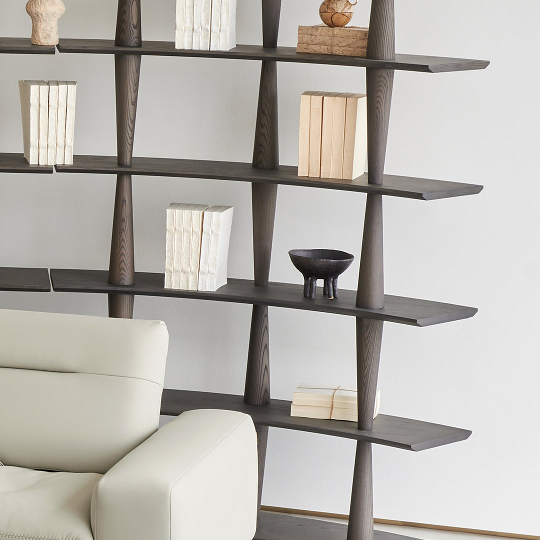 Ash wood Nexus Shelf in Italian Grey by BEACON, showcasing a sleek, modern wall-mounted storage shelf with clean lines.