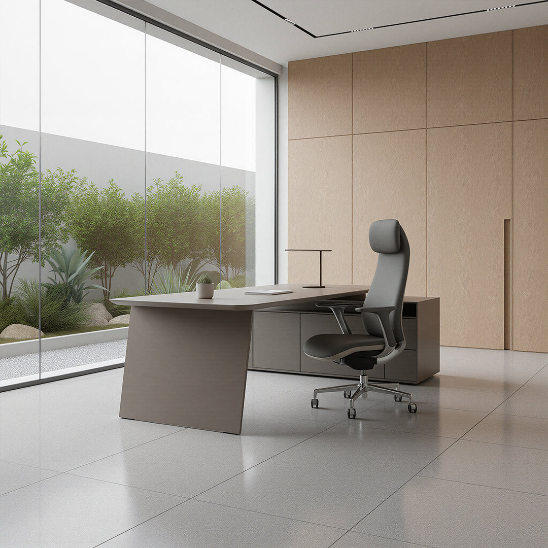 BEACON Nigel leather office chair with wheels, ergonomic design, black upholstery, adjustable height, and swivel base.