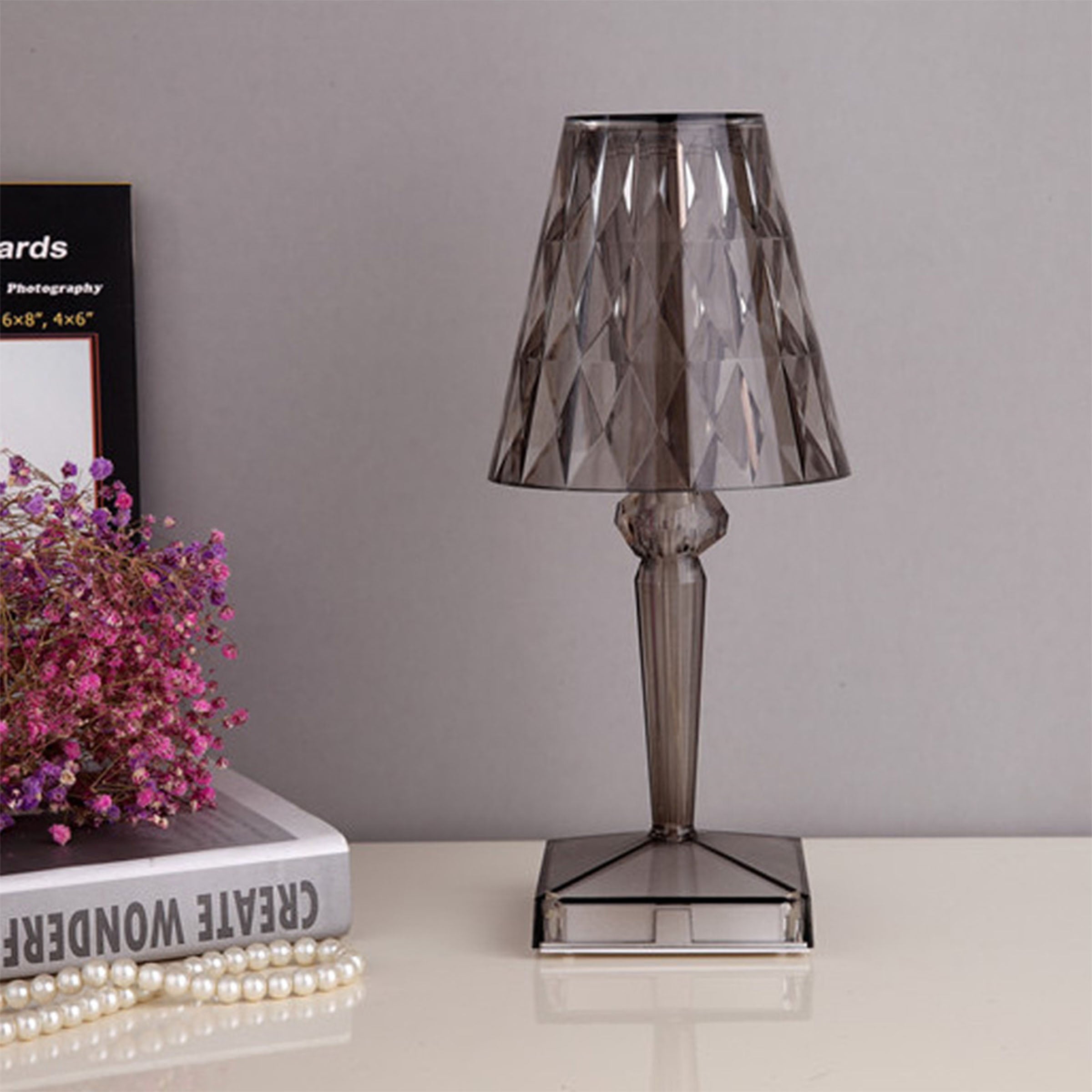 Smoke black BEACON desk lamp with night light feature, sleek modern table lamp with a minimalist design.
