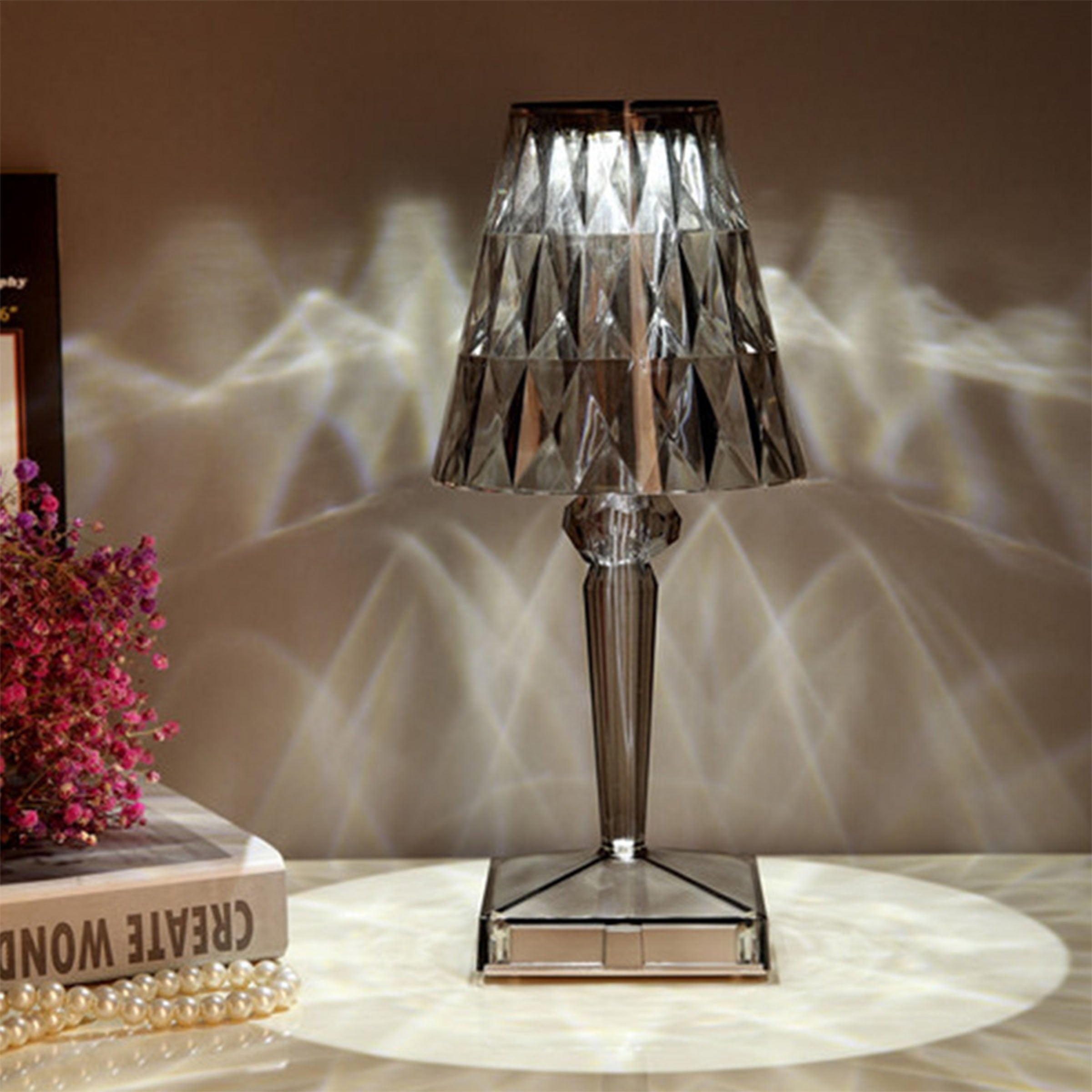 Smoke black BEACON night light table lamp with a sleek, modern design, perfect for desk or table lighting.